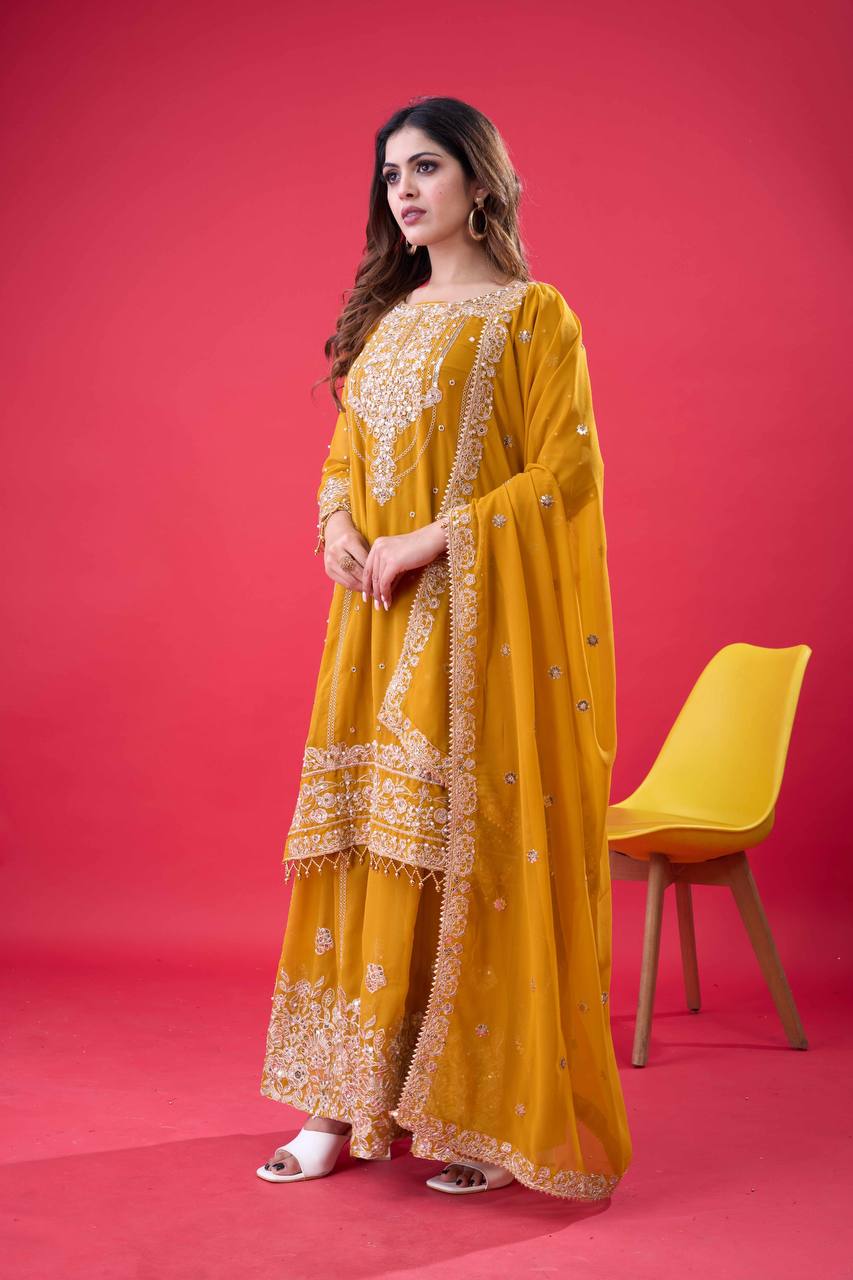 Designer Faux Georgette Top & Plazzo Set with Dupatta – Heavy Embroidery, Dori & Sequence Work