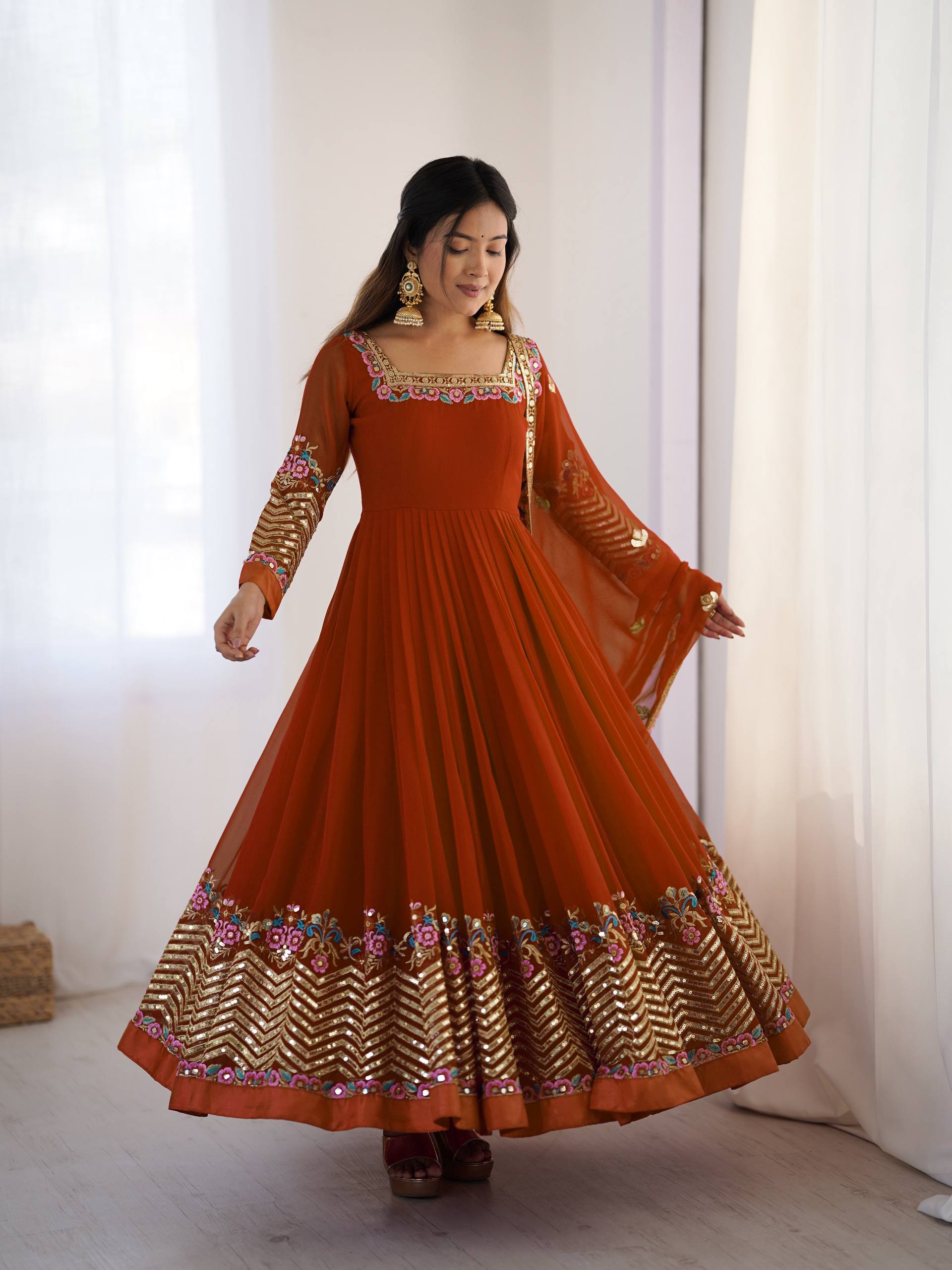 Designer Heavy Georgette Gown Set with Bottom & Dupatta – Multi Thread Embroidery & Sequence Work