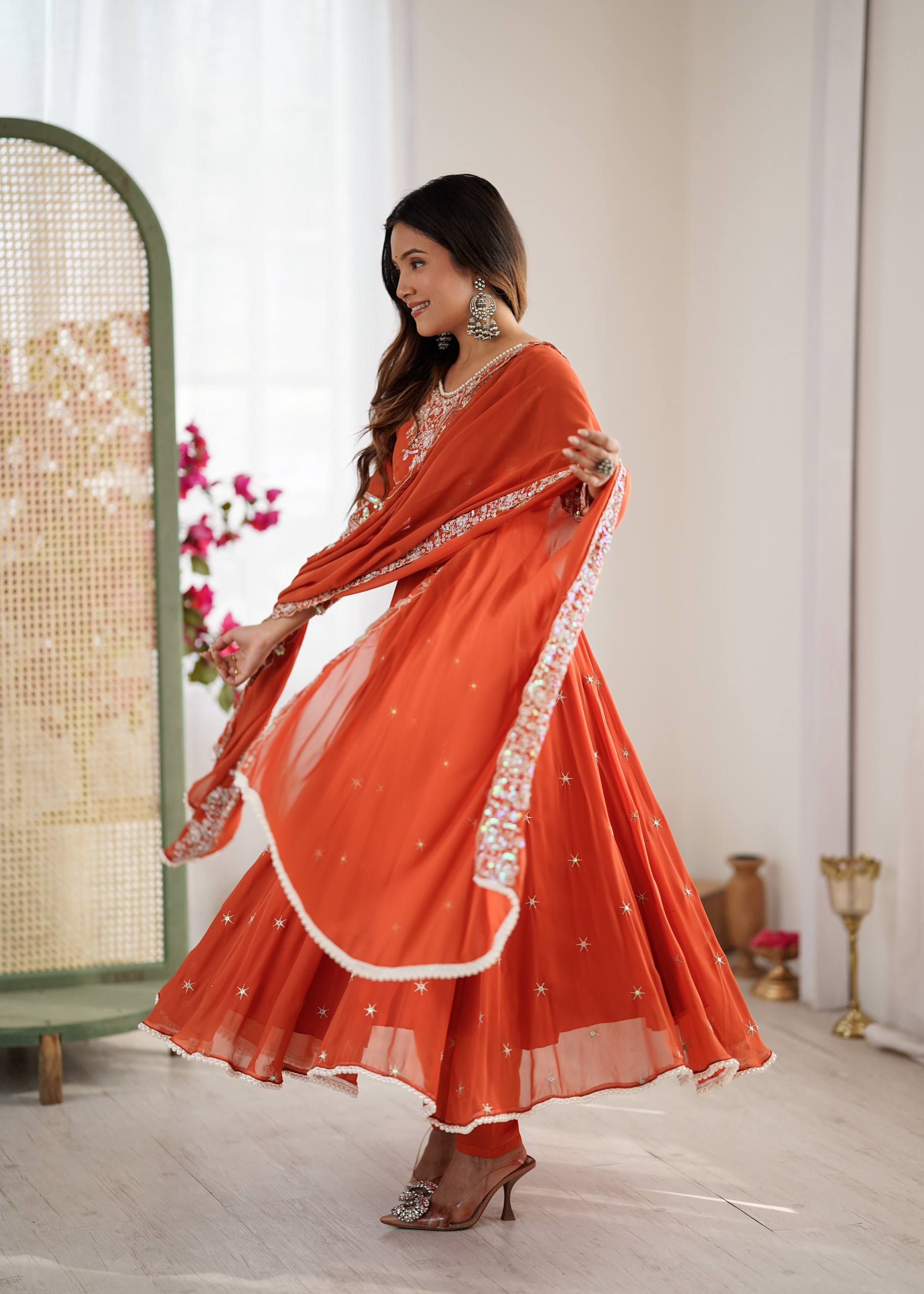Anarkali Gown Set with Bottom & Dupatta – Heavy Embroidery, Rainbow Sequence & Moti Work