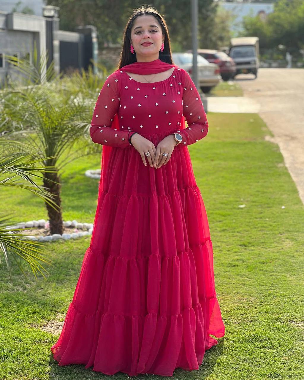 Exclusive 2-Piece Georgette Gown with Dupatta – Beads Work, Fully Stitched