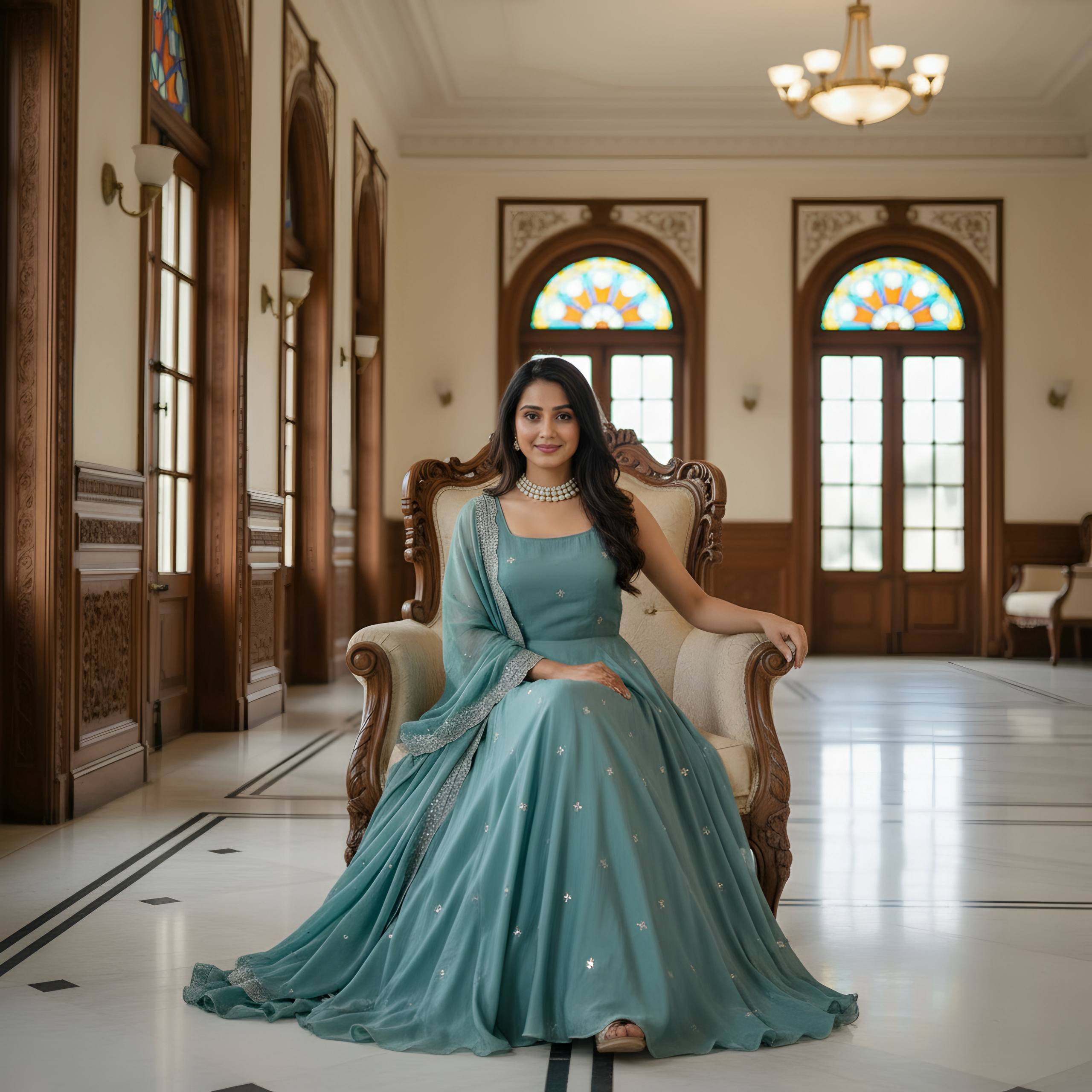 Modern Pastel Teal Anarkali Gown with Dupatta And Embroidery Work