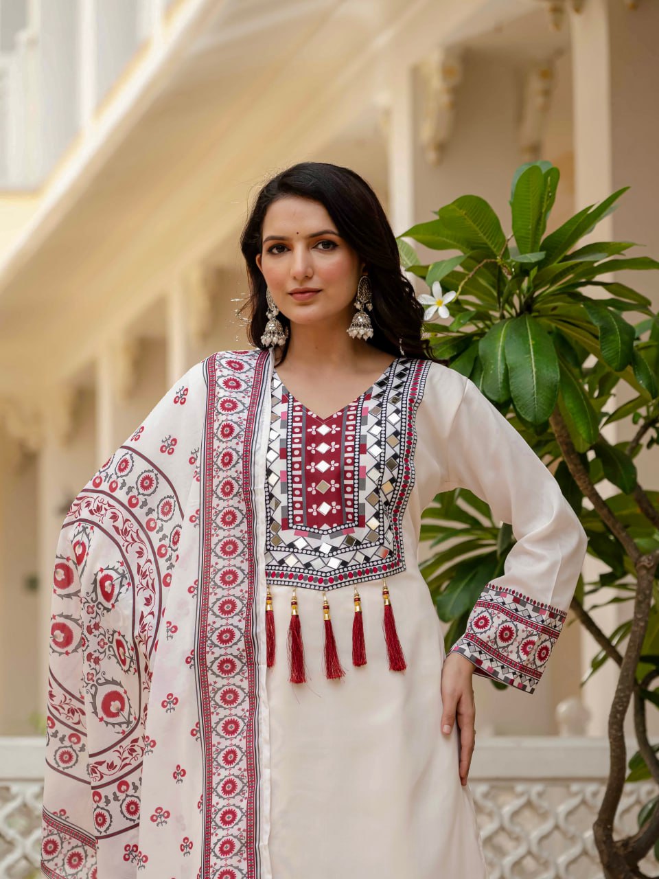 DESIGNER WEAR TRENDING TOP WITH PRINTED WORK AND REAL MIRROR WORK WITH PLAZZO AND DUPATTA SET