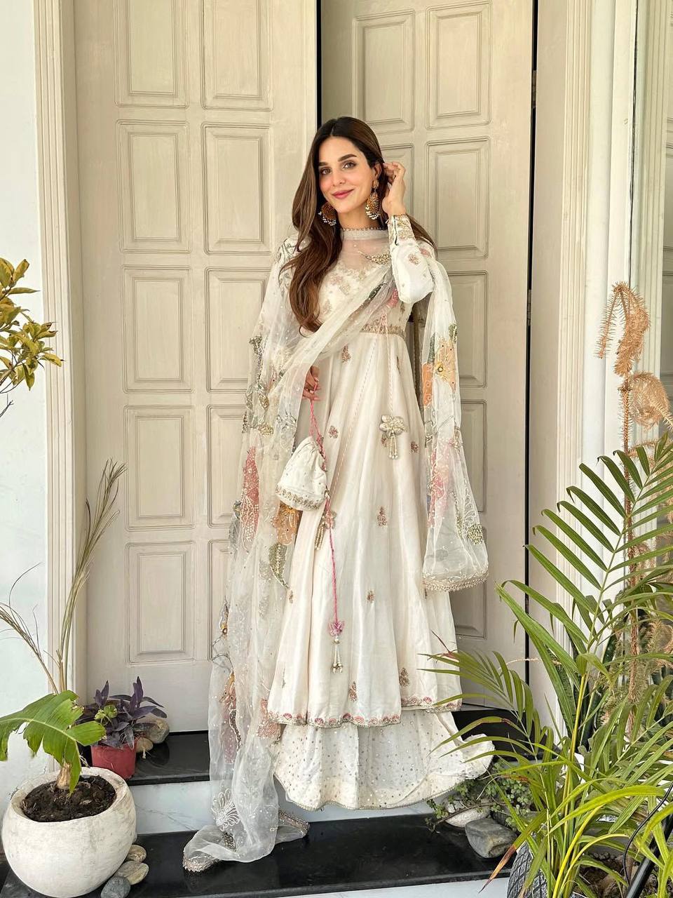 Off White Chinon Embroidery Lace Work Gown