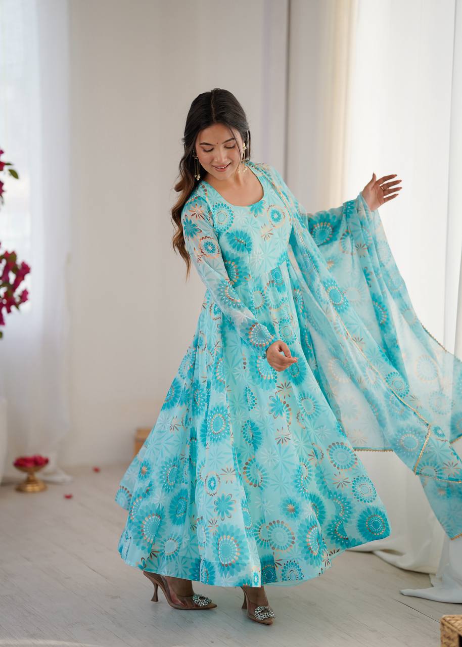 Womens Blue Printed Anarkali Kurta With Trousers & Dupatta