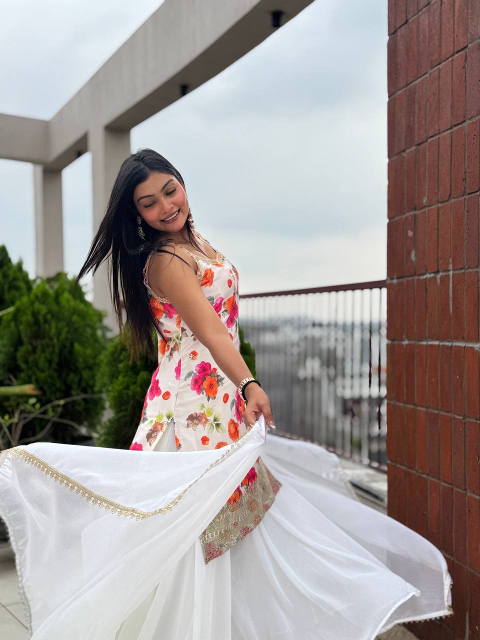 Exclusive  White Chinon Silk Kurti with Flared Plazzo and Lace Dupatta