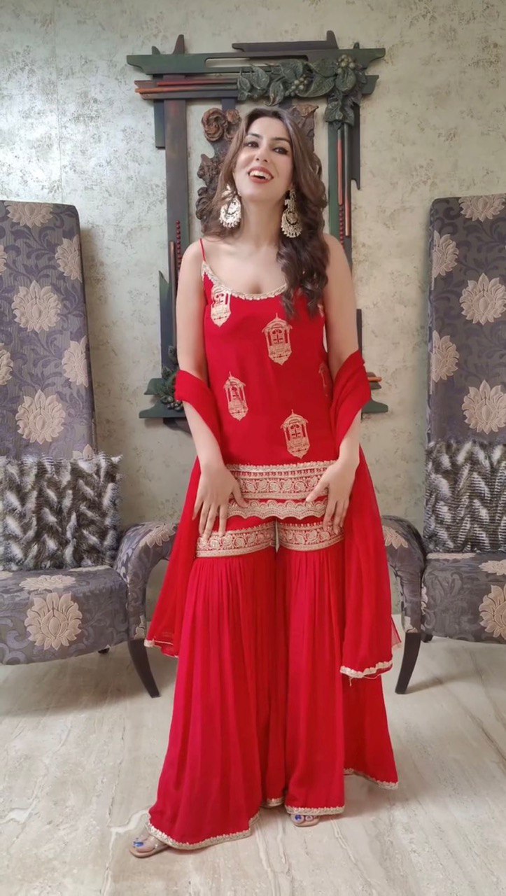 Designer Red Color Sharara Suit
