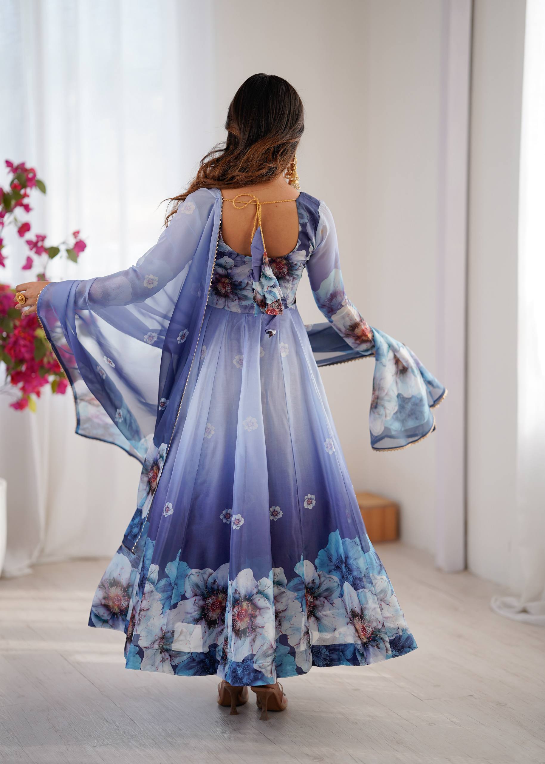 Organza Blue Festival Wear Digital Print Work Readymade Gown