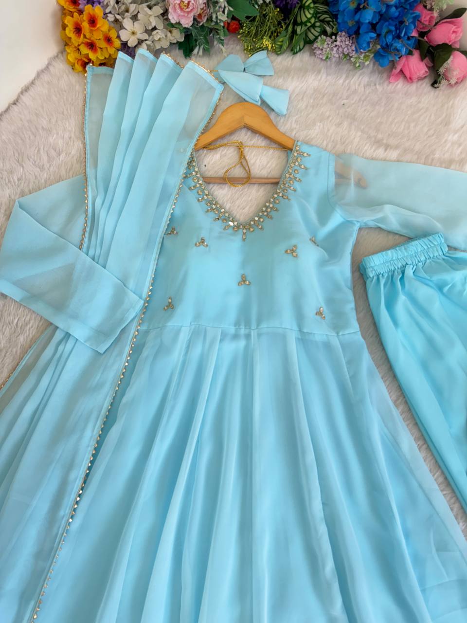 Women Empire Mirror Work Kurta with Trousers & Dupatta
