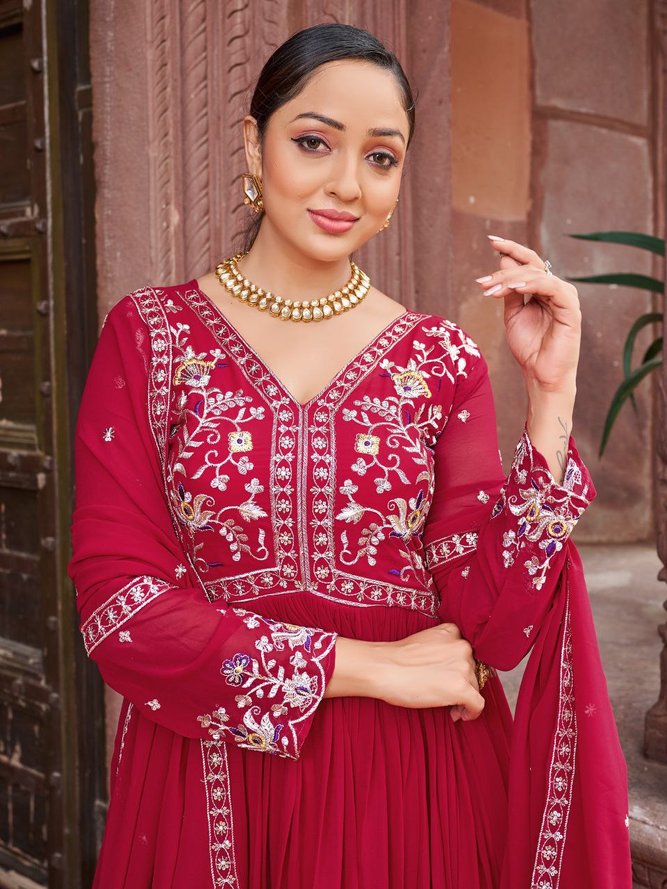 Premium Designer Readymade Gown with Dupatta – Zari & Sequins Embroidery