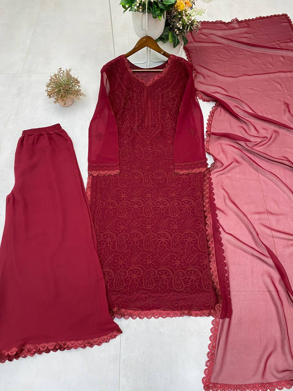 New Maroon Trend Chikankari special Ethnic Set