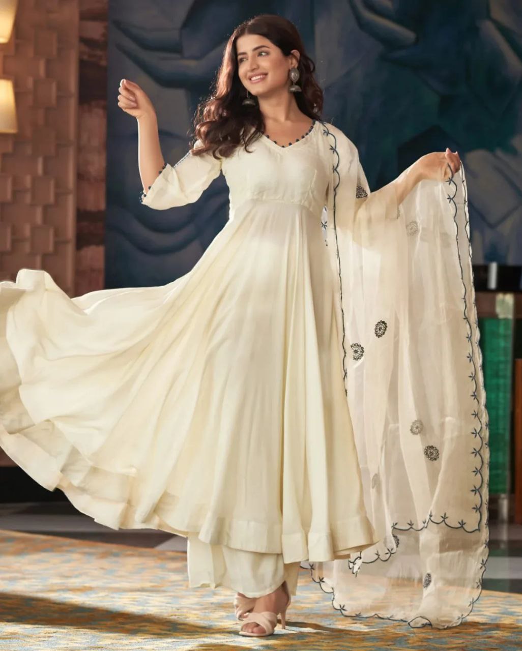 Rangrasa Blue Cream Embroidered Muslin Silk Suit Set