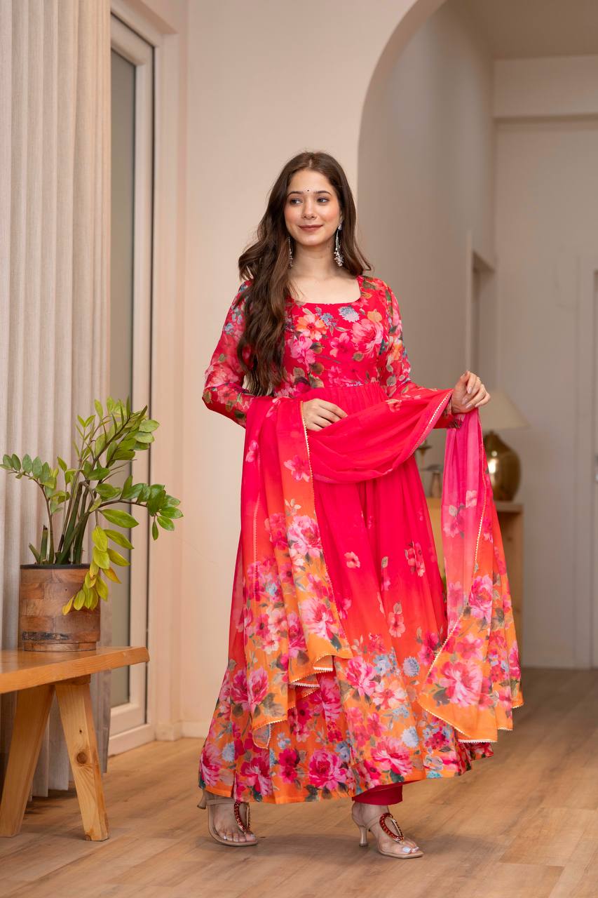 Women Floral Printed Tiered Kurta & Trousers With Dupatta
