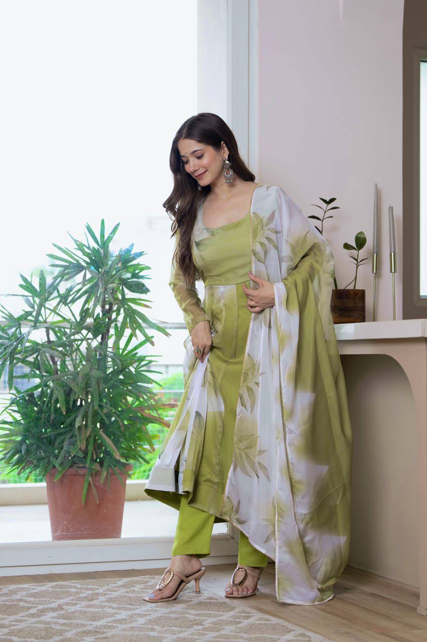 Floral Printed Anarkali Kurta With Trousers & Dupatta