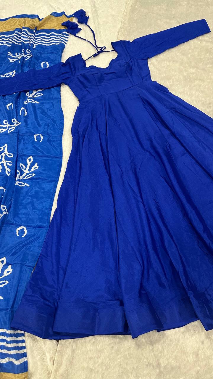 Blue Regal Chinon Silk Anarkali Gown with Digital Print Dupatta