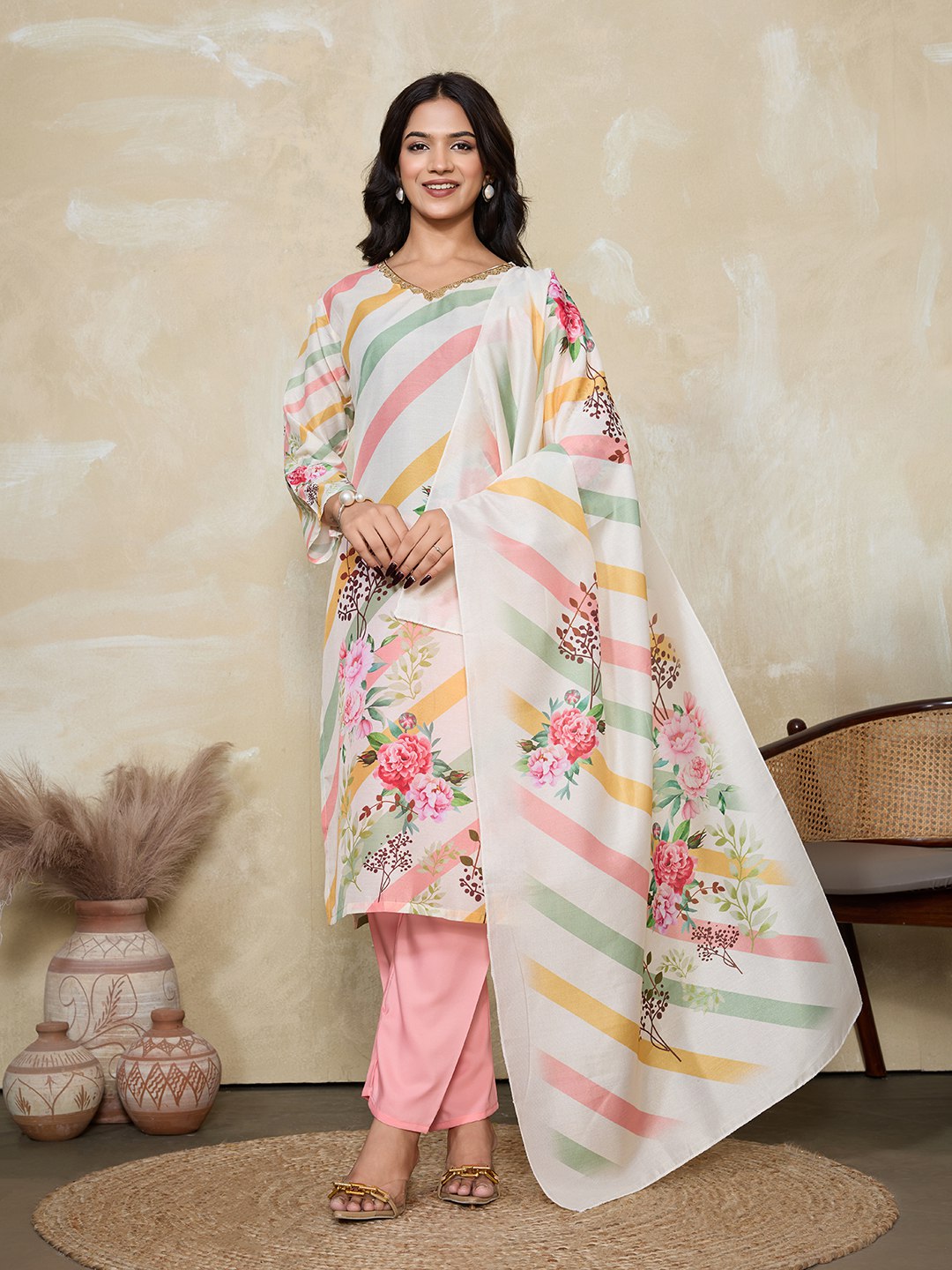 Suzuki Floral Printed V-Neck Straight Kurta With Trousers & Dupatta