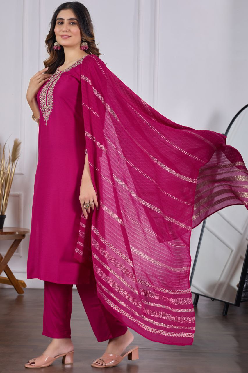 Women Embroidered Kurta with Pant & Dupatta