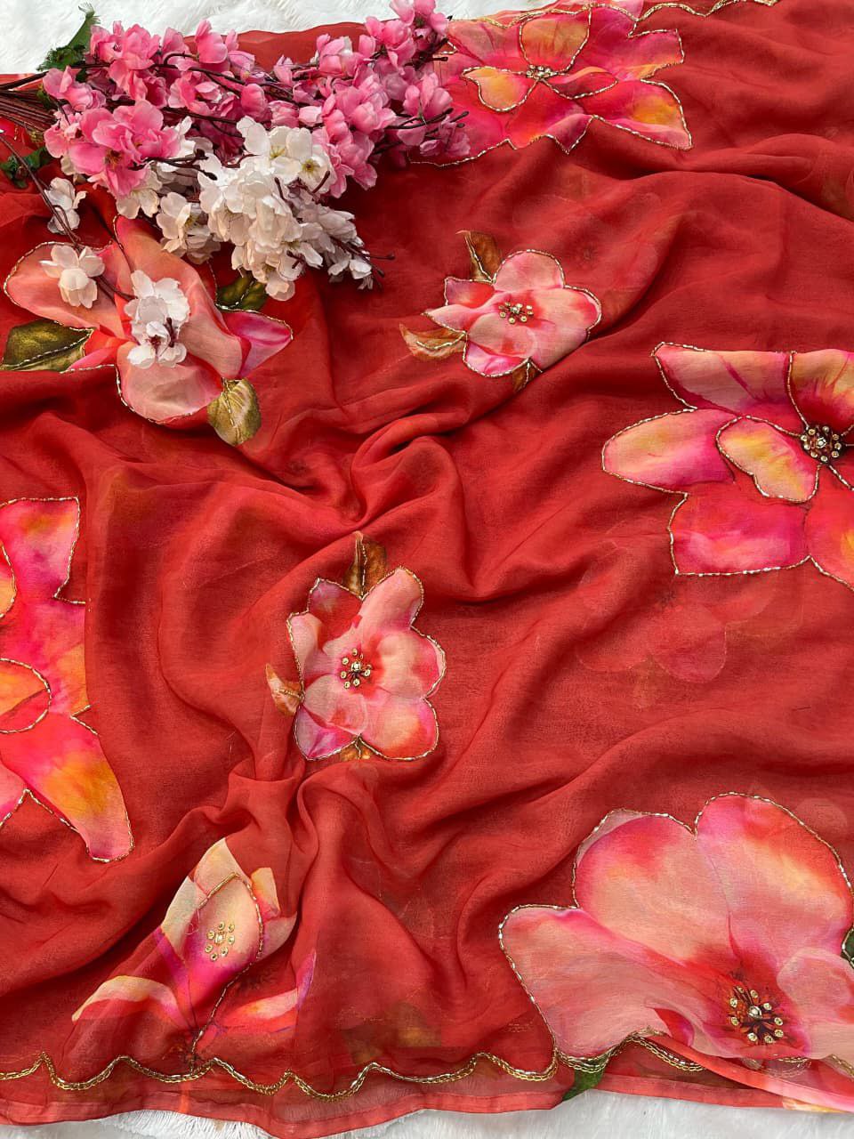 Soft Georgette Saree with Floral Print & Handwork Cutdana with Raw Silk Blouse