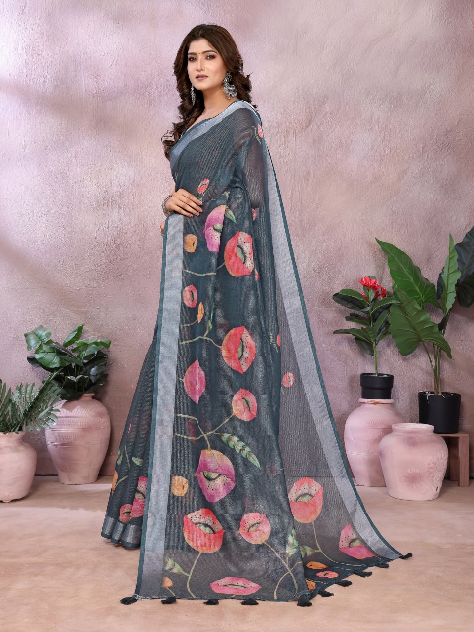 Black Linen Shimmer Saree with Printed Floral Design & Peach Tassel Border
