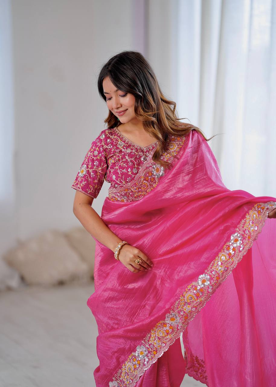 Premium Gold Crush Silk Saree with Heavy Embroidery & Sequins Work