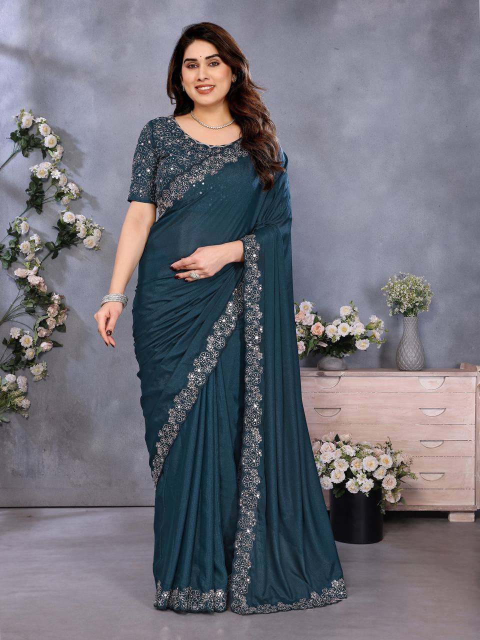Soft Star Georgette Silk Saree with Mirror Hand Embroidery & Cutwork Border
