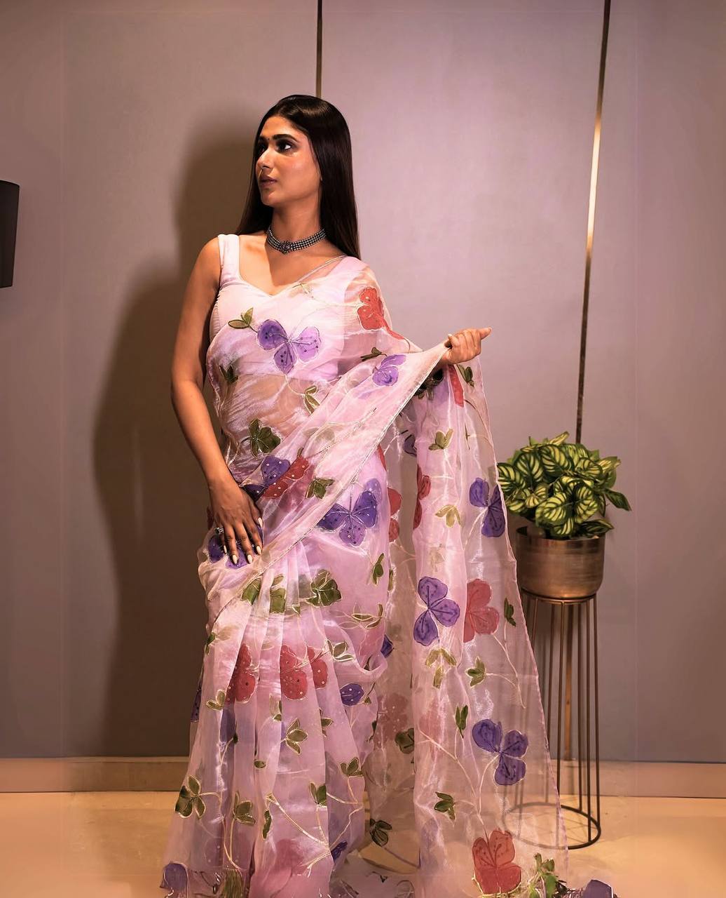 Lilac Floral Printed Organza Saree with Sequin Handwork and Silk Blouse