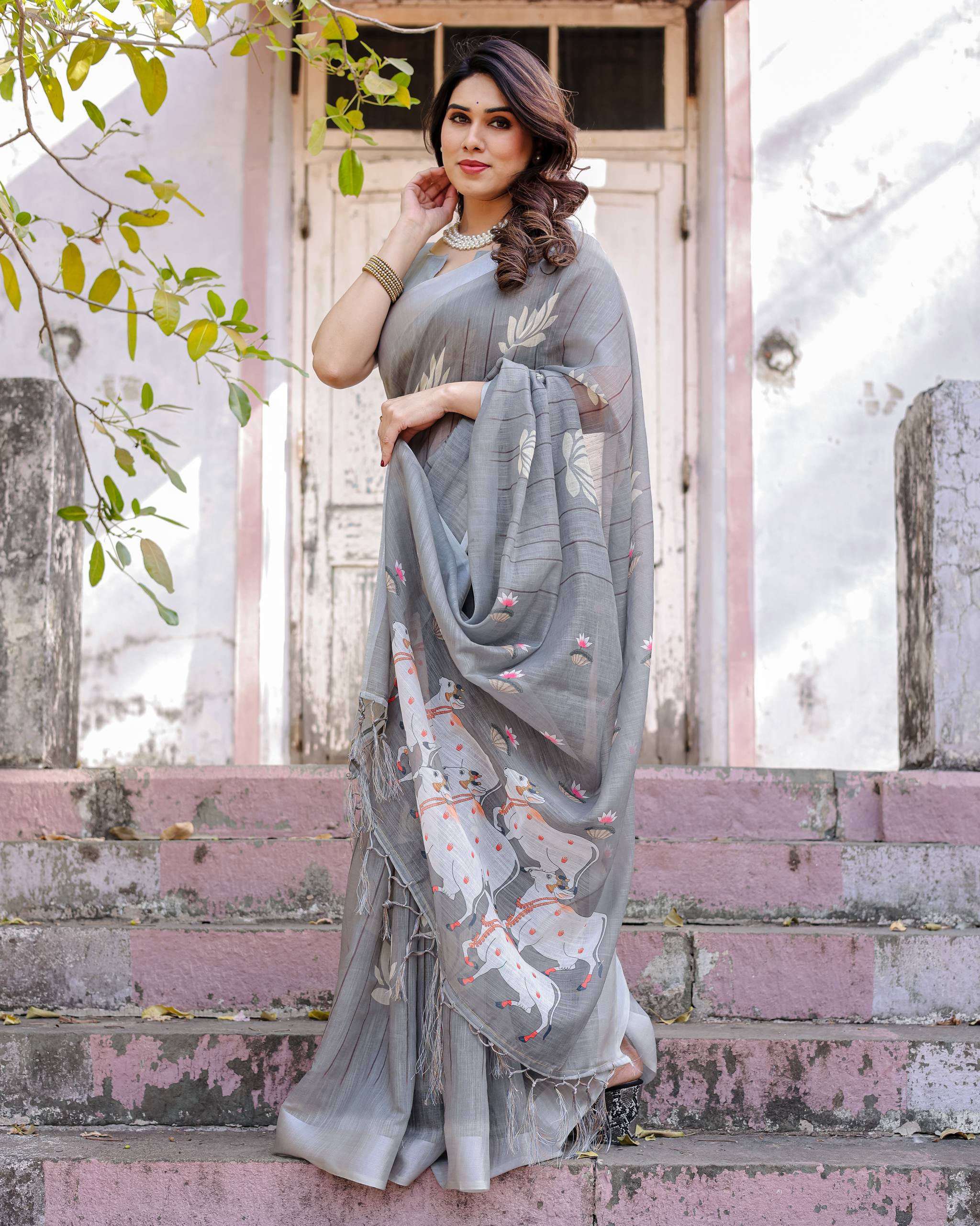 South Hit Printed Linen Cotton Saree with Blouse