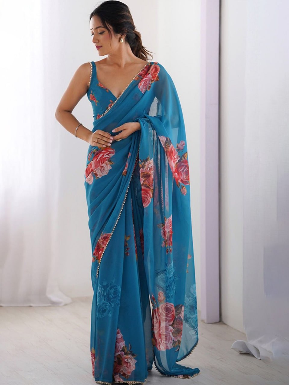 Light Blue Printed Georgette Saree with Moti Lace & Satin Patta Blouse