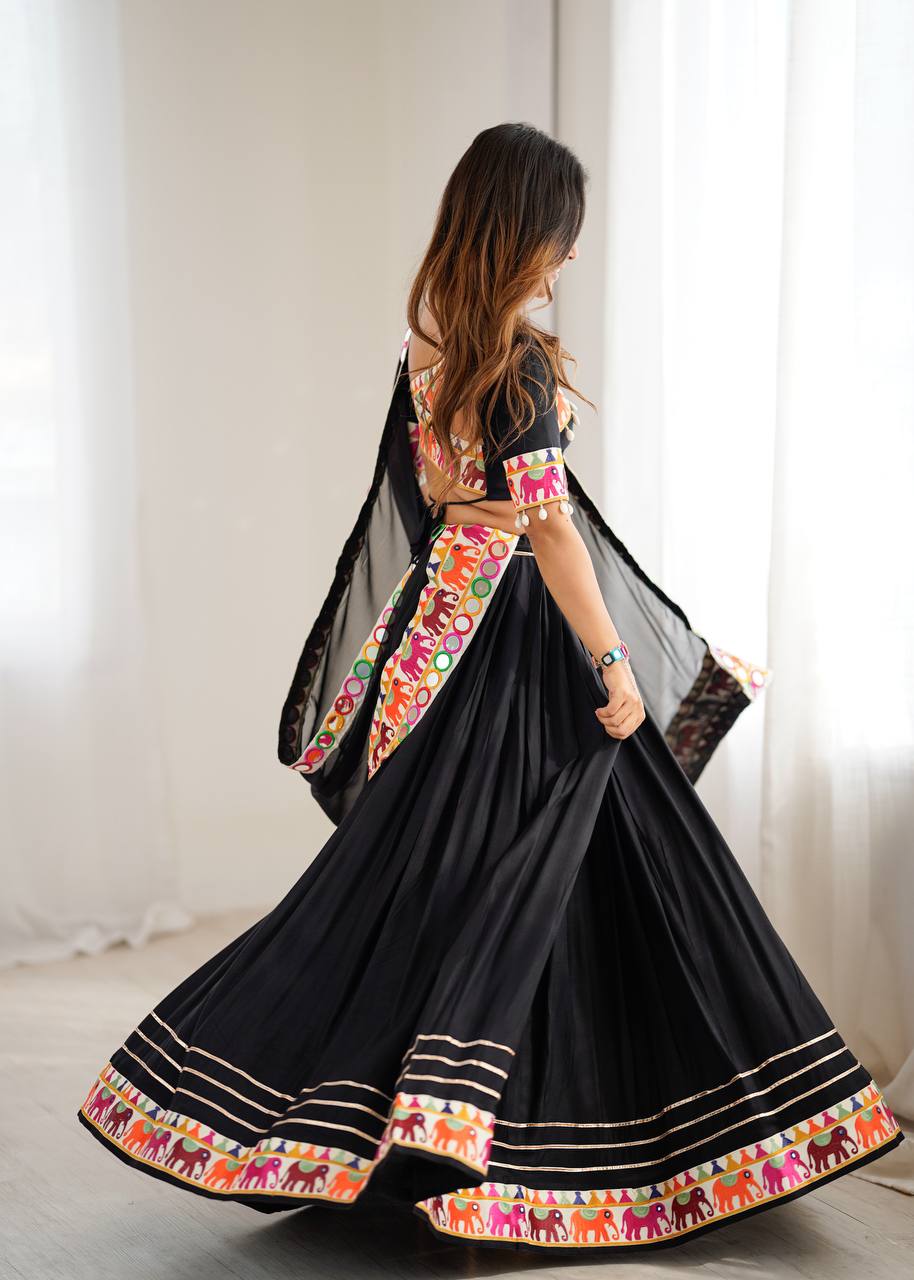 Black Heavy Rayon Lehenga with Gamthi, Real Mirror & Tassel Work
