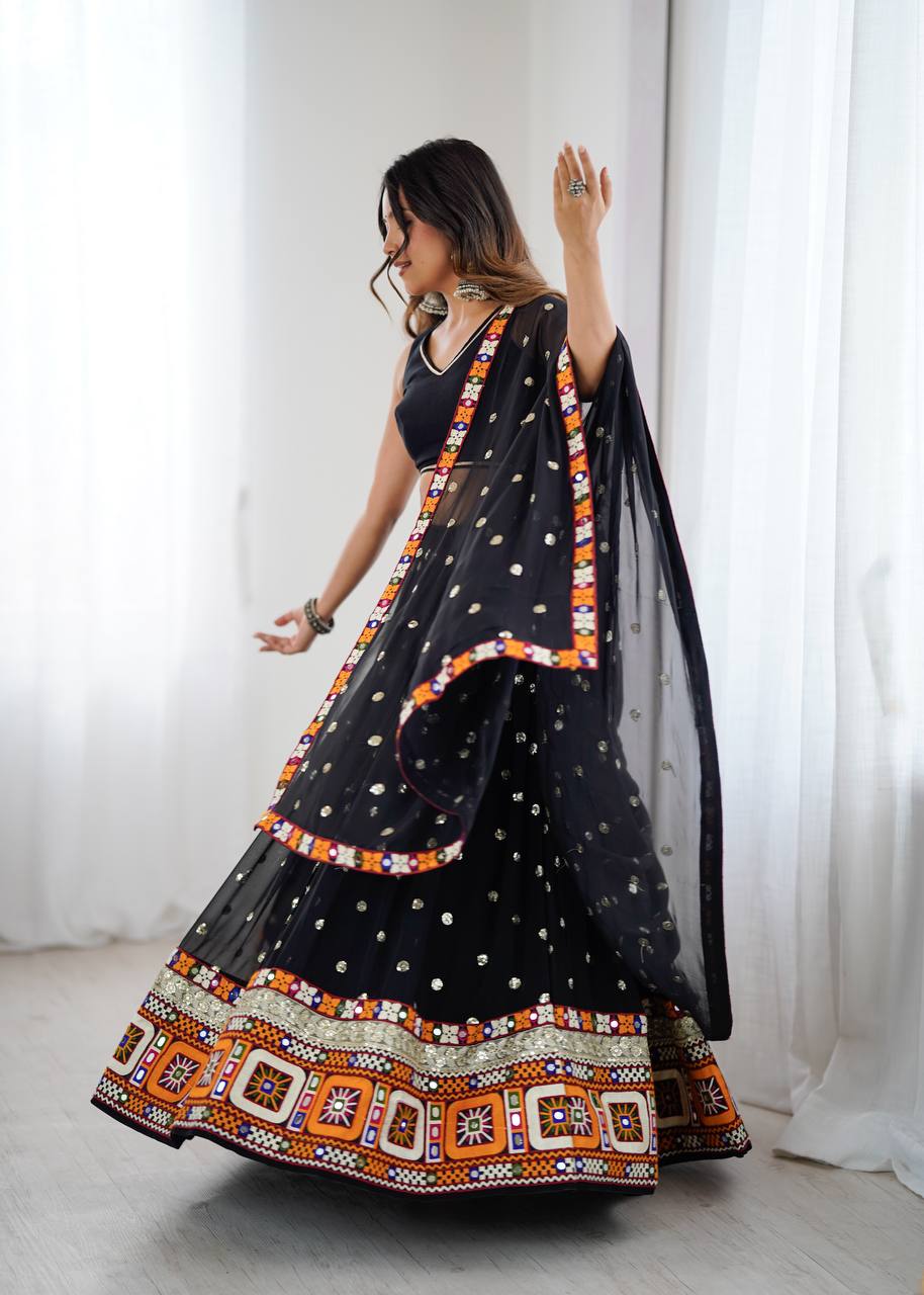 Black Designer Faux Georgette Lehenga Choli Set with Real Mirror & Chain Stitch Work