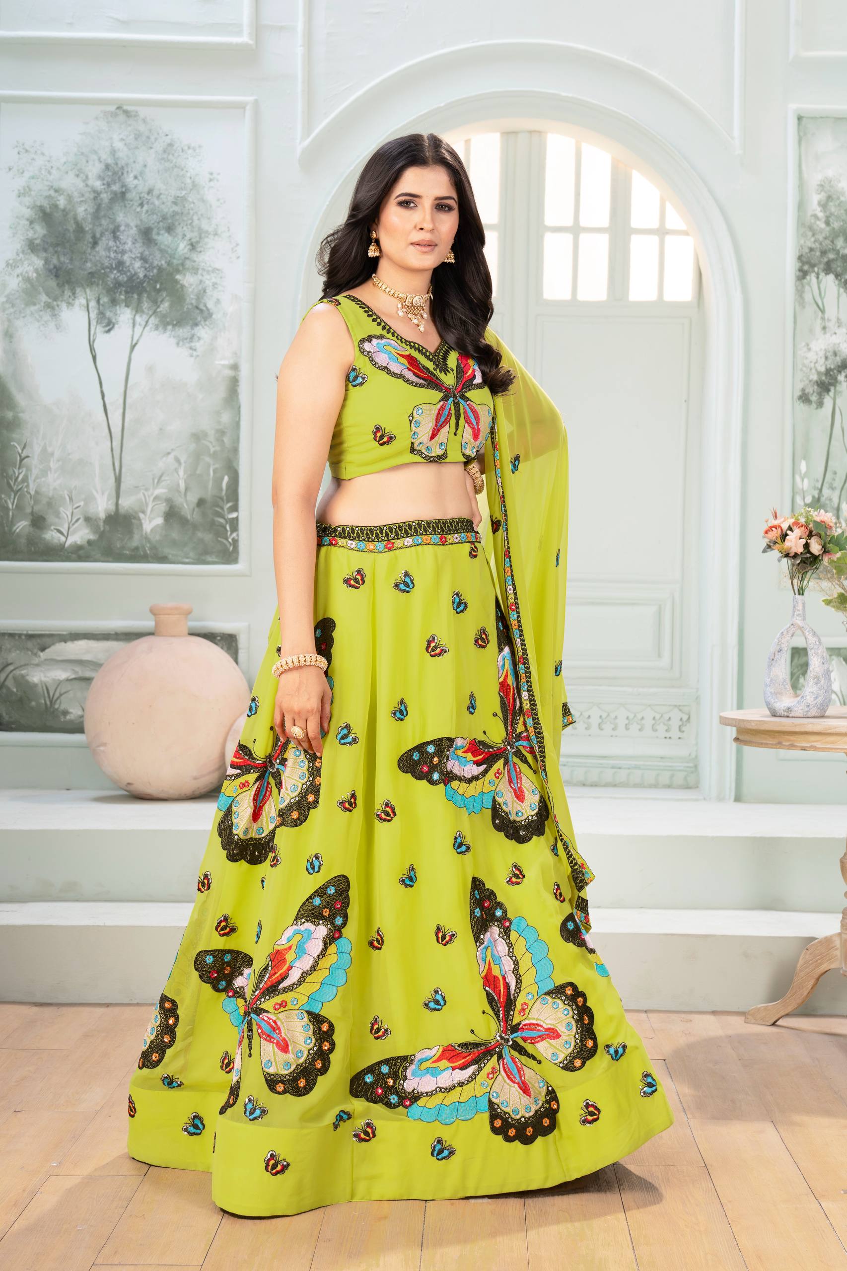 Colorful Faux Georgette Lehenga with Butterfly Work Designer Look for Celebrations