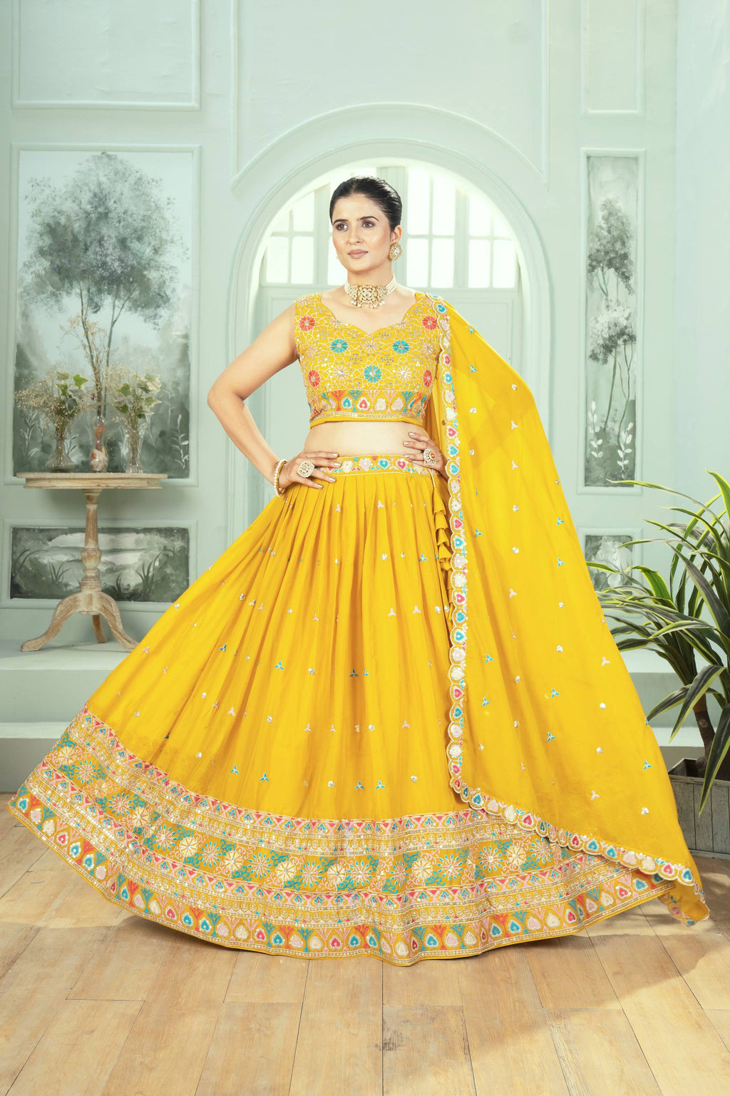 Haldi Special Yellow Color Georgette Embroidery Sequence Work Designer Lehenga Choli