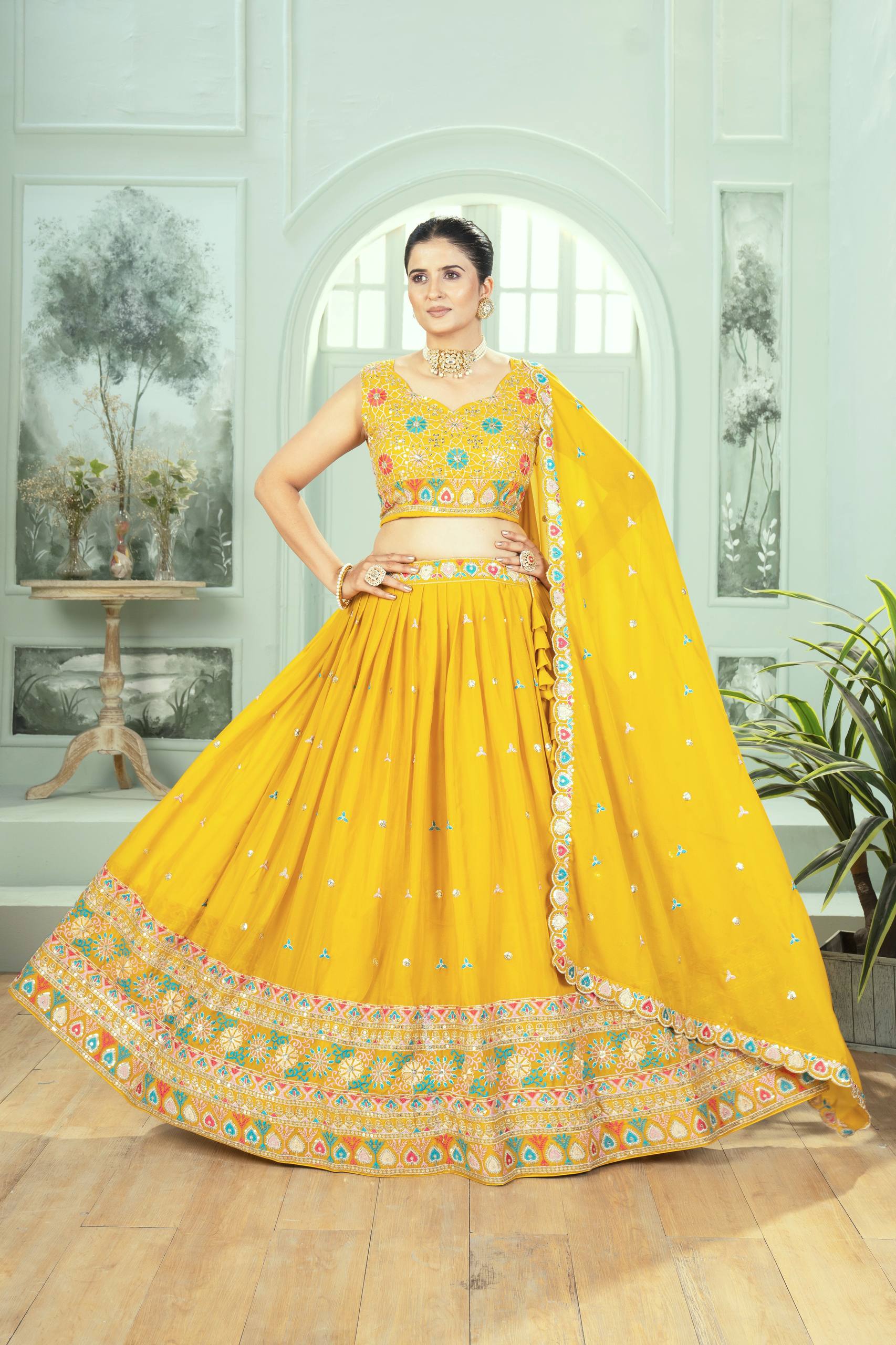 Haldi Special Yellow Color Georgette Embroidery Sequence Work Designer Lehenga Choli