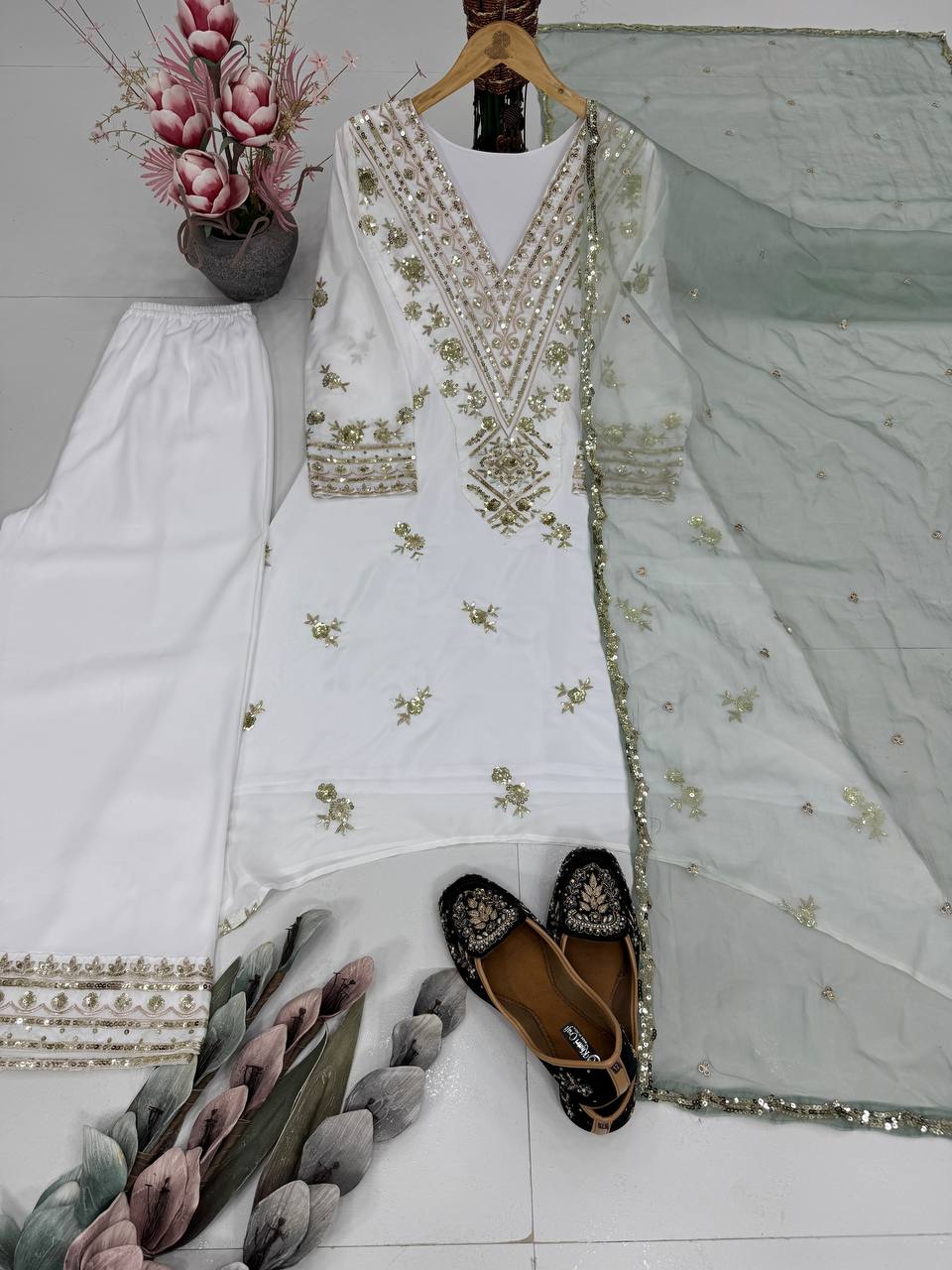 Designer Heavy Natural Silk Embroidered Salwar Suit with Dupatta – Sequence Work
