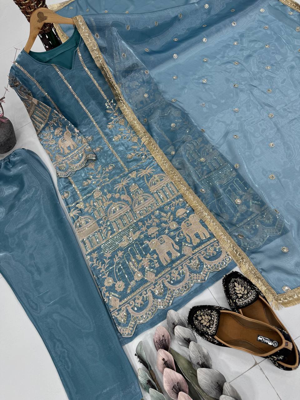 Designer Heavy Jimmy Choo Organza Suit Set with Dupatta – Chine Sequence Work