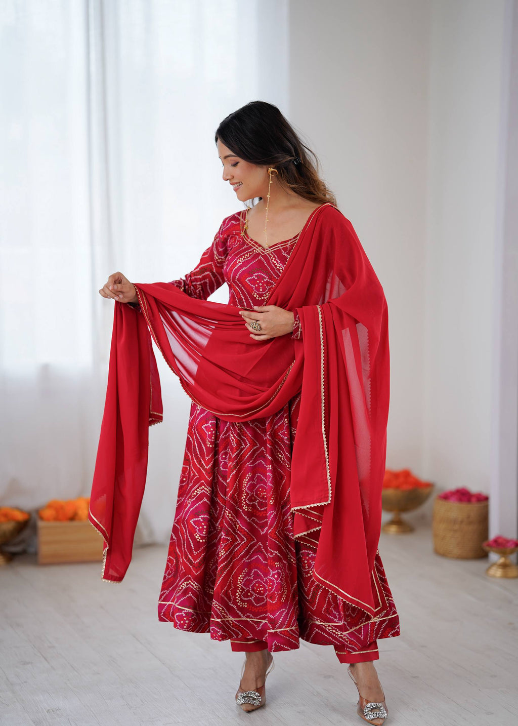 Bandhani Printed Sweetheart Neck Anarkali Kurta With Trousers & Dupatta