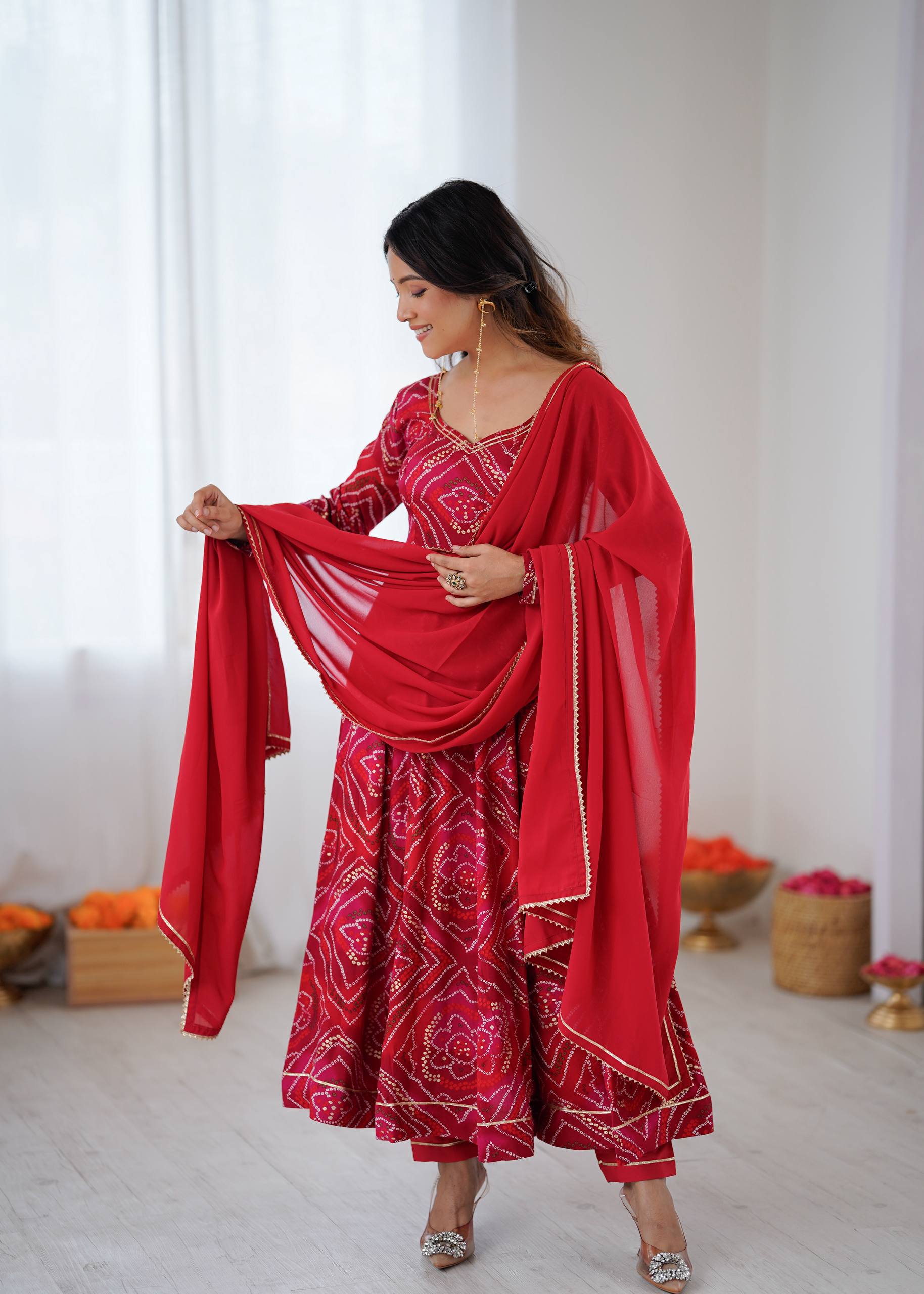 Bandhani Printed Sweetheart Neck Anarkali Kurta With Trousers & Dupatta