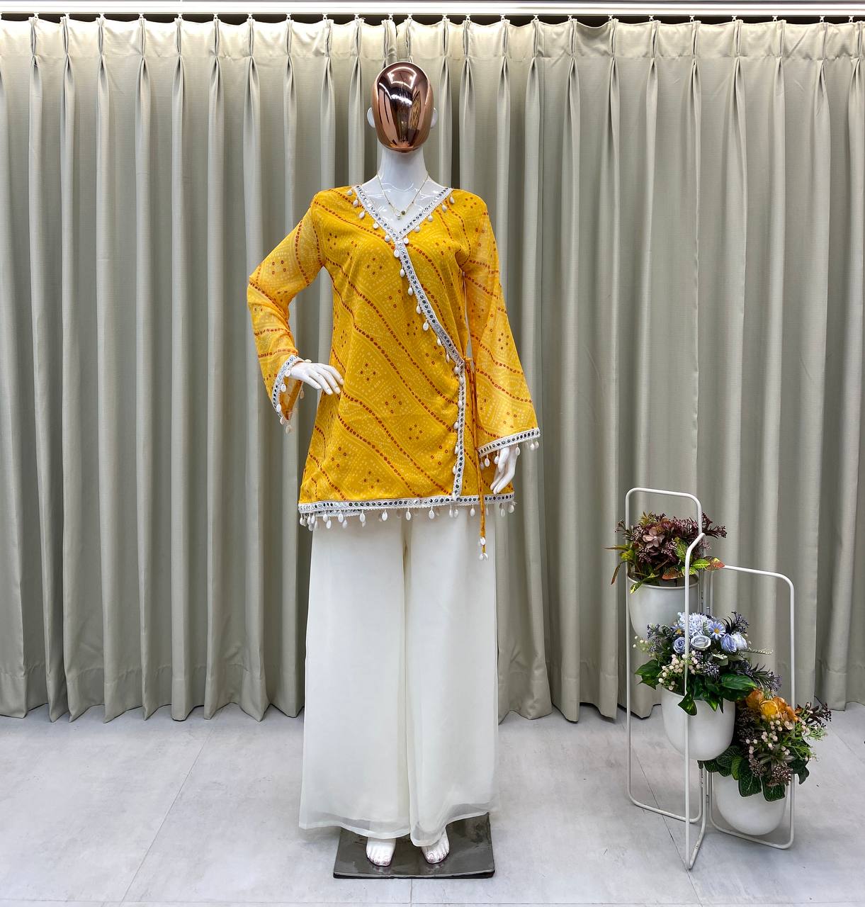 Bandhani Printed V Neck Angrakha Tunic with Solid Sharara