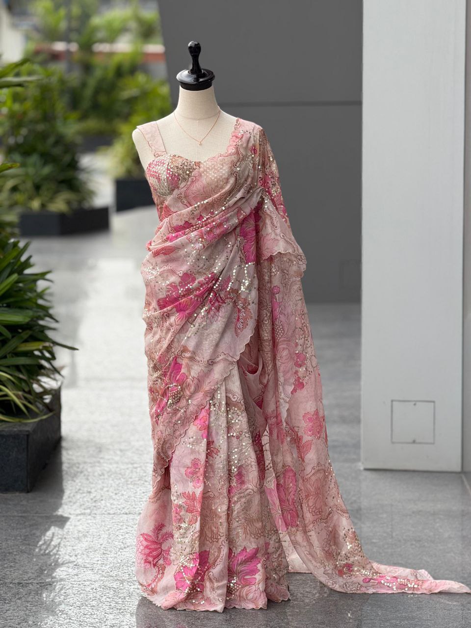 Pure Jimmy Organza Digital Printed Saree with Sequins Work & Unstitched Blouse