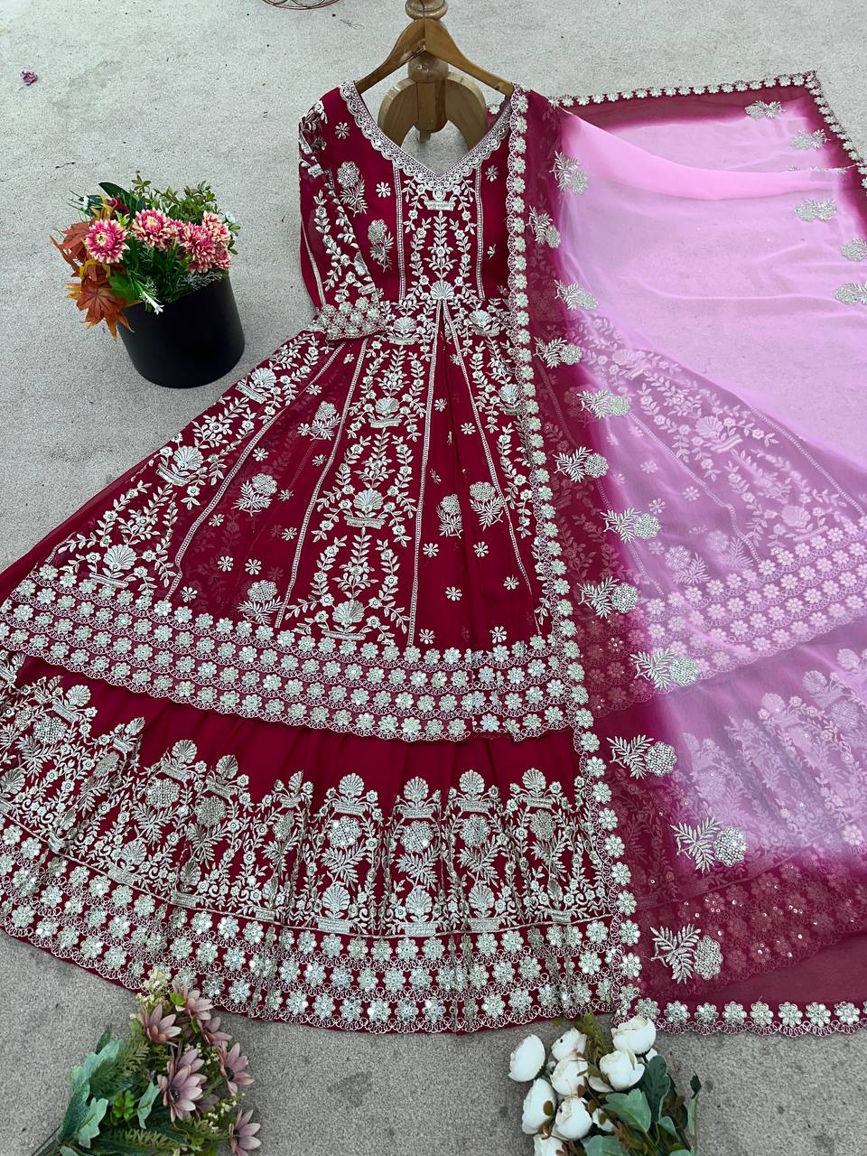 Designer Faux Georgette Gown & Lehenga Set with Embroidery Sequins & Dupatta