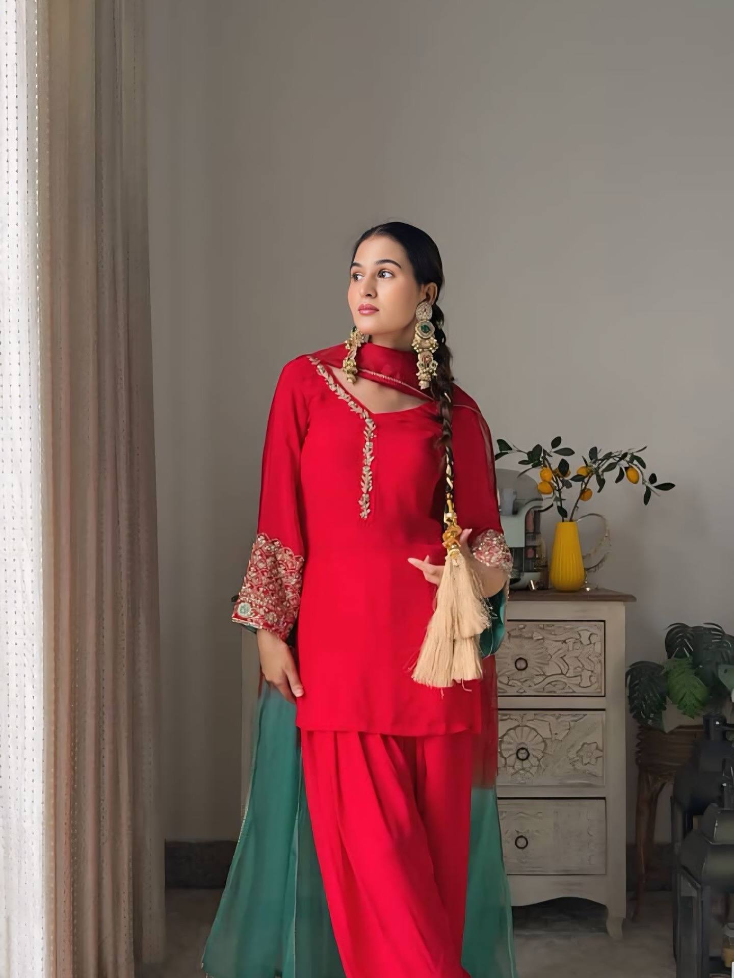 Designer Farsi Top & Salwar Set with Fancy Dupatta and Embroidery Work