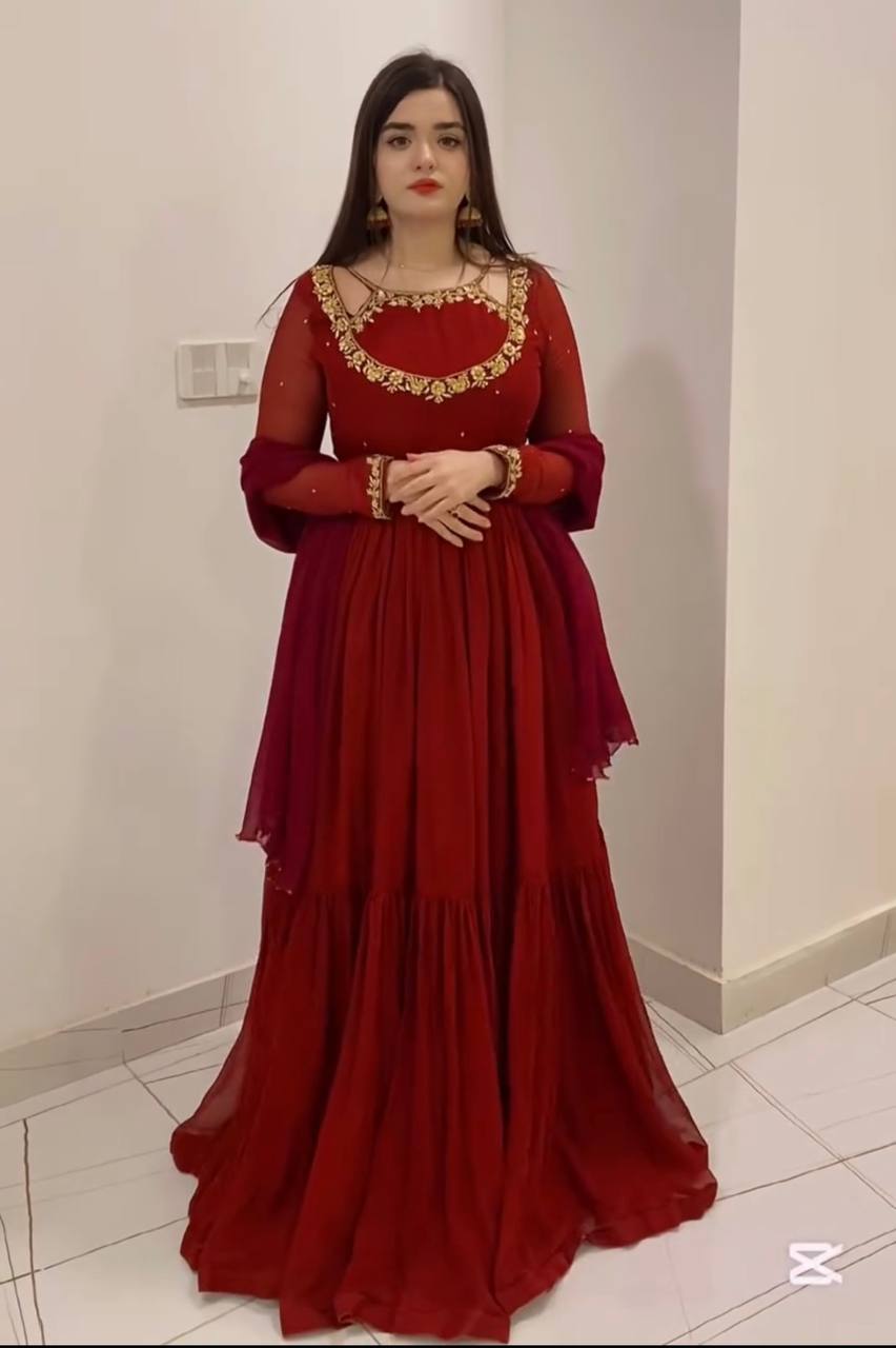 Designer Faux Georgette Party Wear Gown Set with Dupatta & Bottom – Embroidery and Sequins Work