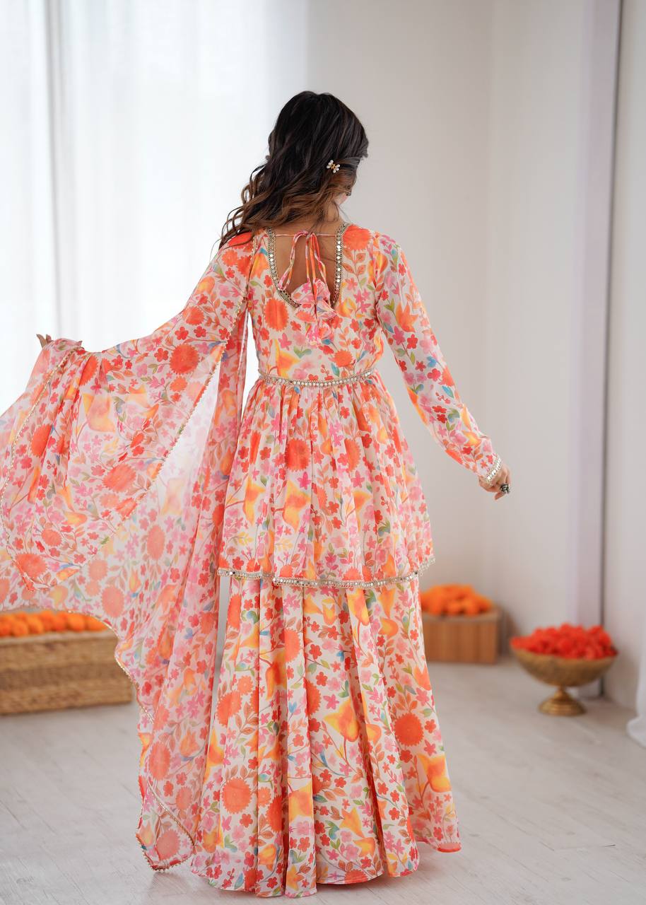 Designer Taby Organza Kediya Kurta Set with Palazzo & Dupatta – Floral Print & Mirror Lace