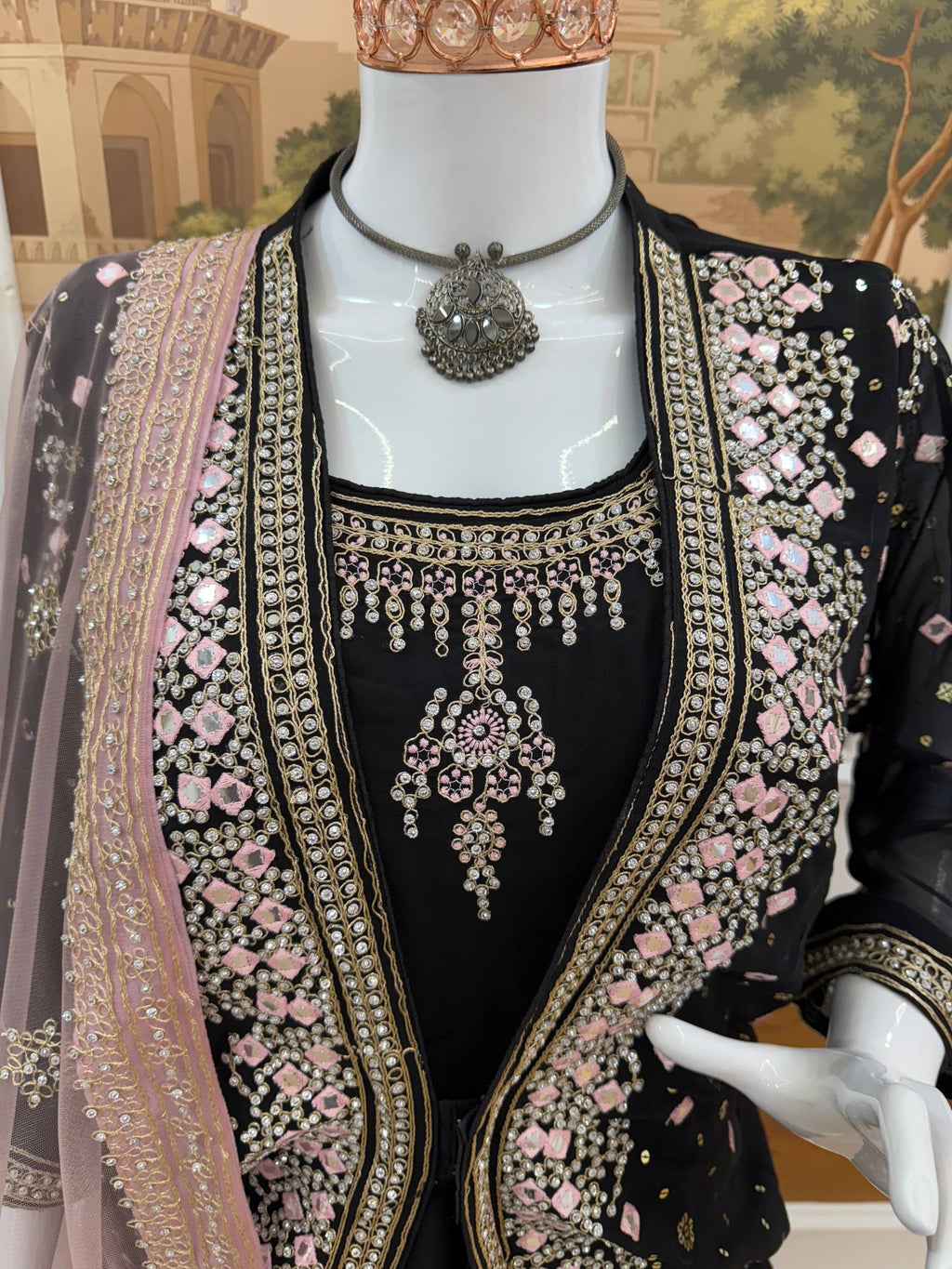 Designer Faux Georgette Gown, Koti & Dupatta Set – Embroidery & Crystal Stone Work