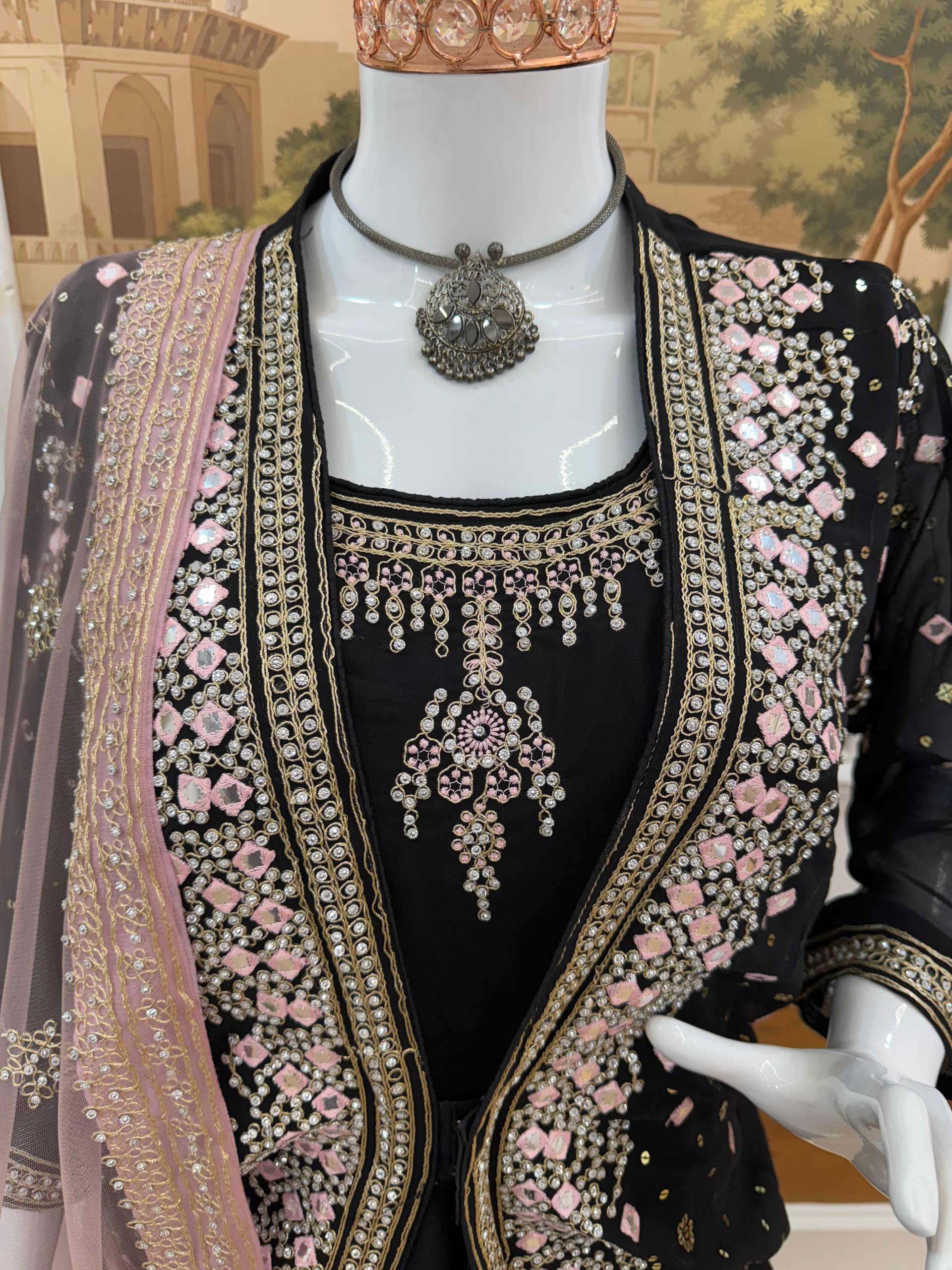 Designer Faux Georgette Gown, Koti & Dupatta Set – Embroidery & Crystal Stone Work