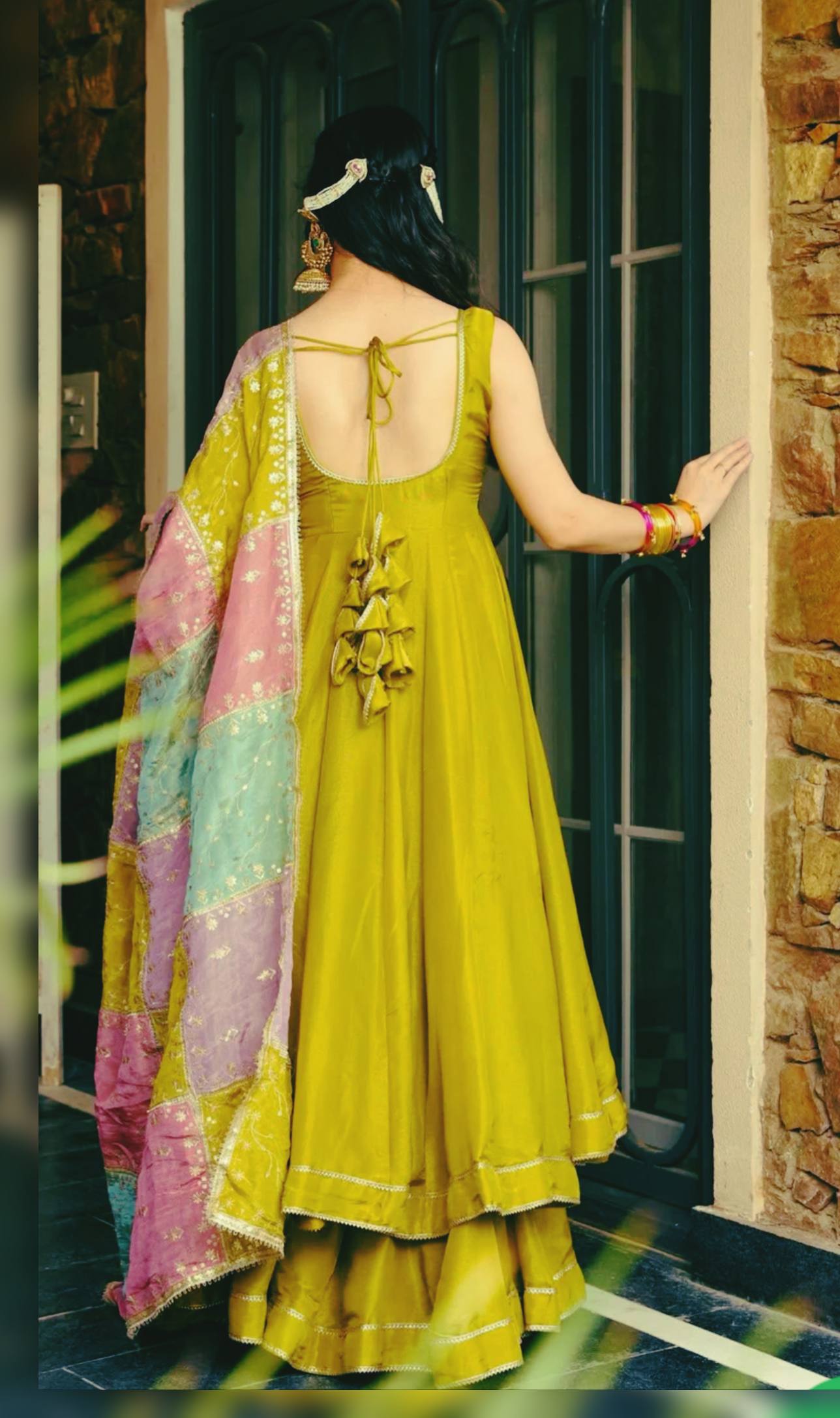 Designer Mehndi Color Roman Simmer Silk Top, Plazzo & Dupatta Set – Embroidery & Gota Lace Work