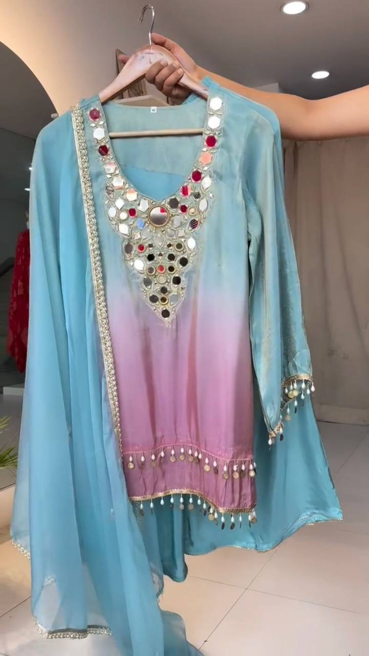 Exclusive 3-Piece Plazzo Set with Dupatta – Printed Crape Silk & Mirror Embroidery Work