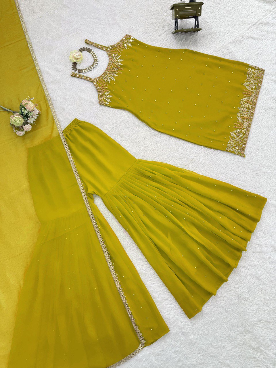 Green Georgette Sharara Set with Dupatta – Thread, Sequin & Pearl Work