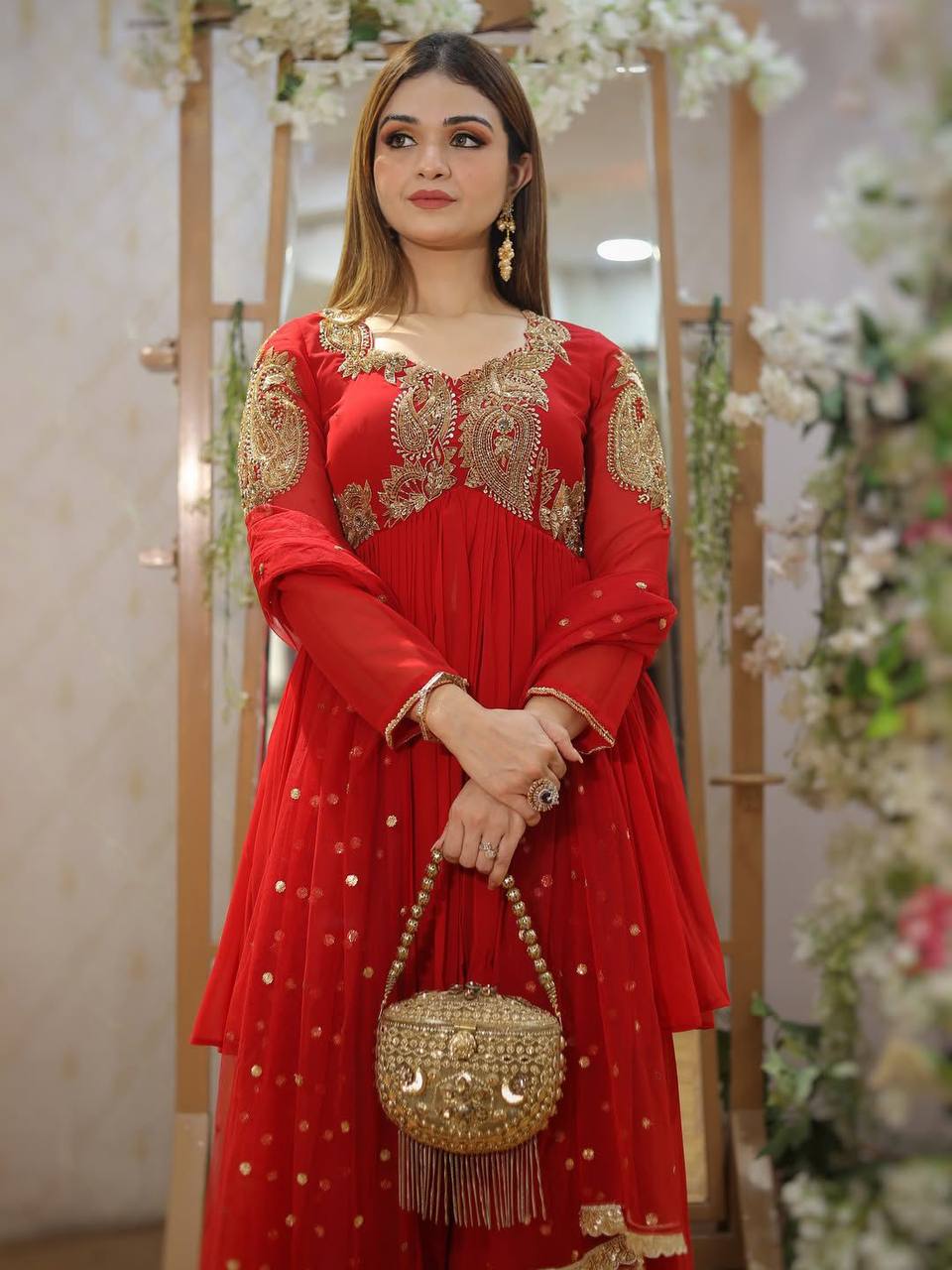 Exclusive One-Piece Cowl Dress Set with Shrug – Chinon Fabric with Sequence Embroidery