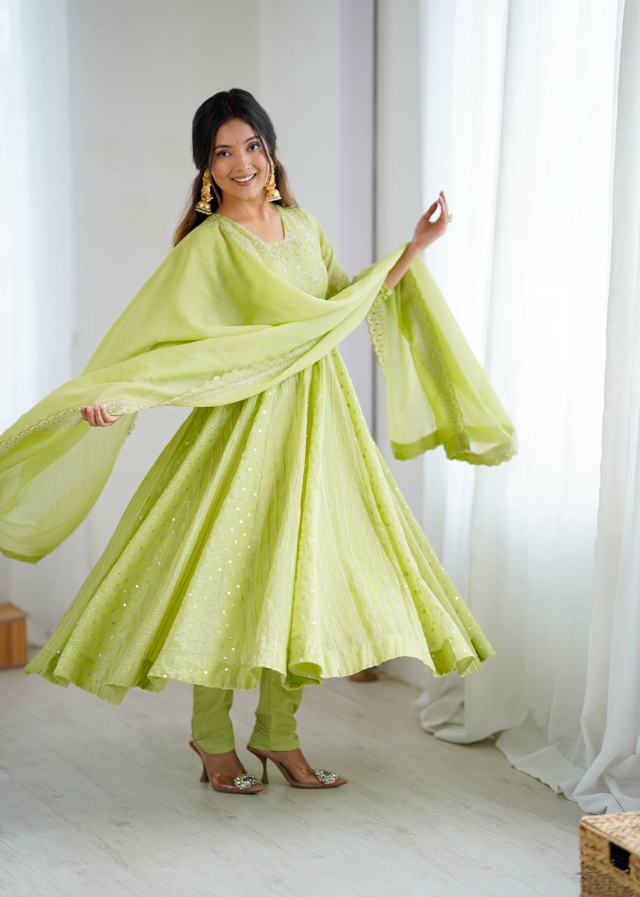 Designer Anarkali Gown Set with Pant & Dupatta – Crunchy Silk with Embroidery & Sequence Work