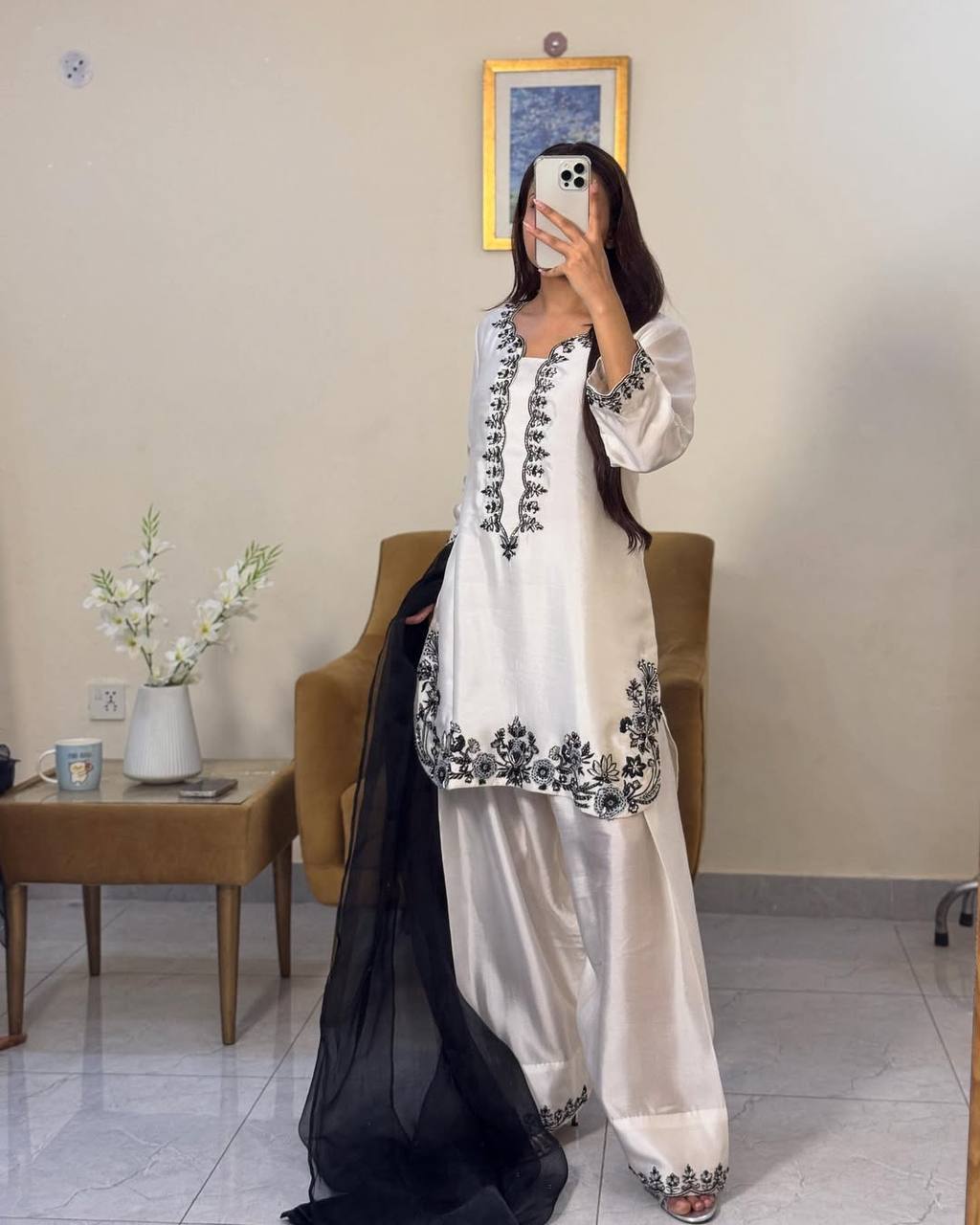 Designer Natural Crepe Top with Farshi Plazzo & Dupatta – Beads, Embroidery & Sequence Work
